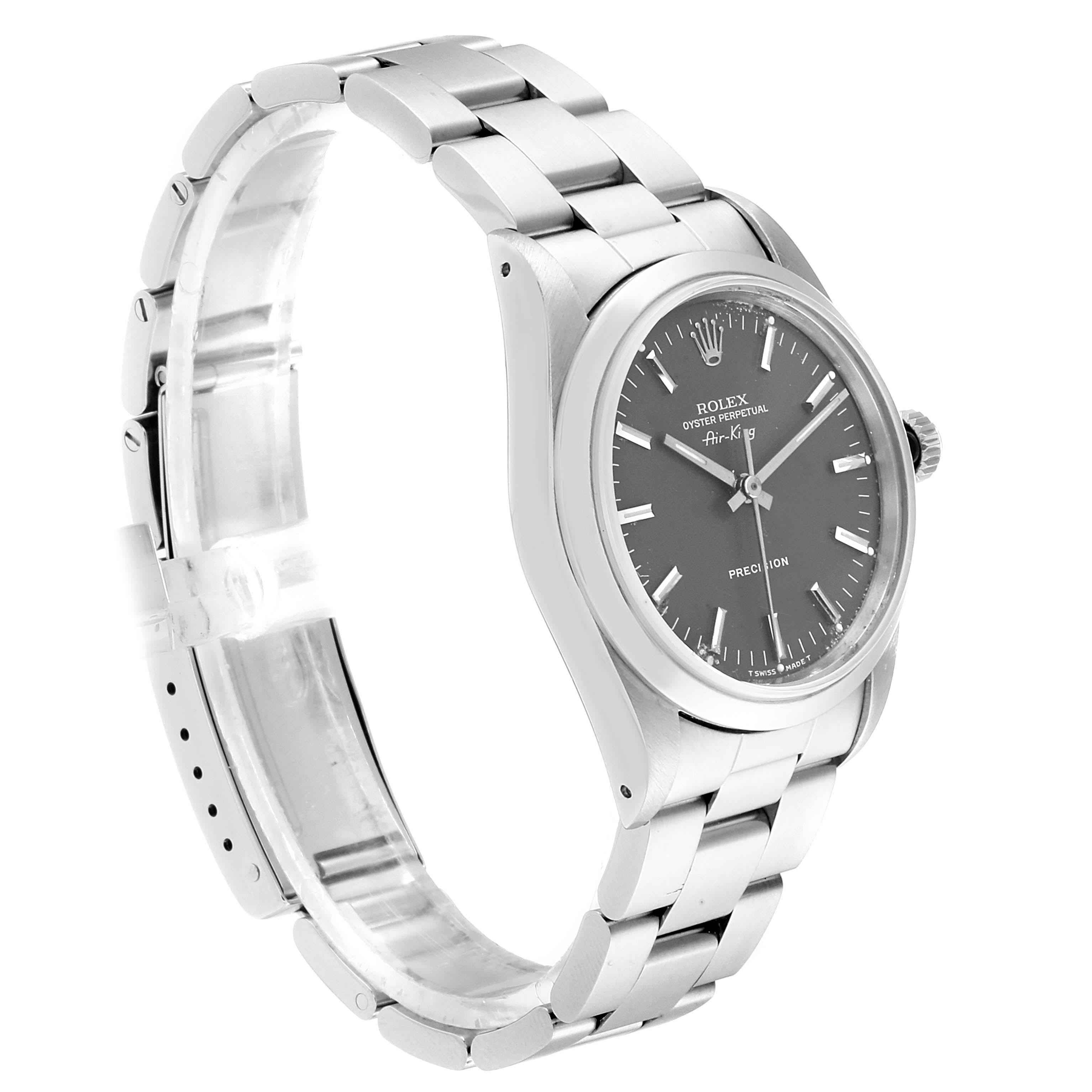 The image shows a side view of the Rolex Air-King 14000 Men's Stainless Steel Grey Dial 14000 Men's Stainless Steel Grey Dial watch, displaying its bracelet, case, dial, and crown.