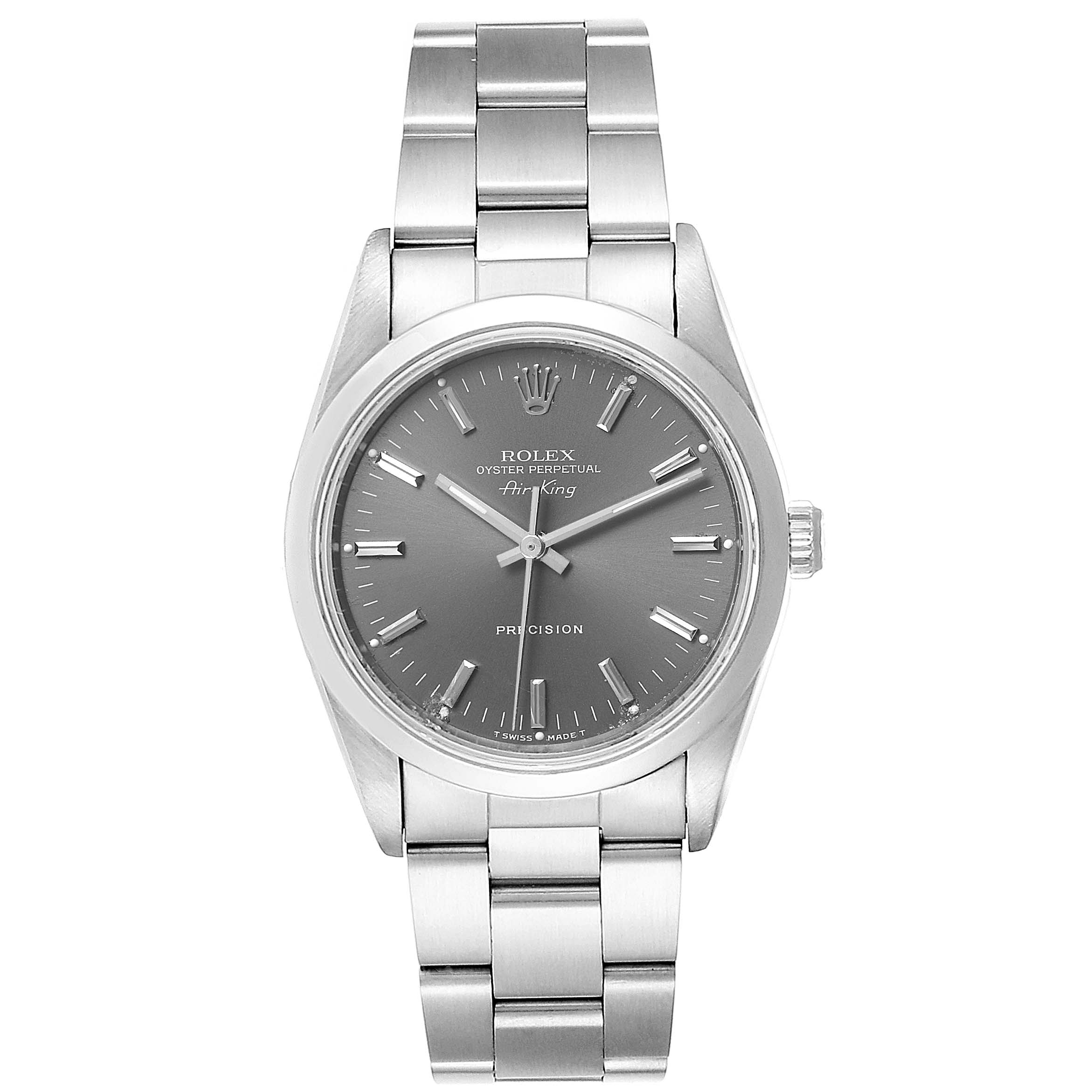 The Rolex Air-King 14000 Men's Stainless Steel Grey Dial 14000 Men's Stainless Steel Grey Dial watch is shown from a front angle, displaying its face, bezel, and bracelet.