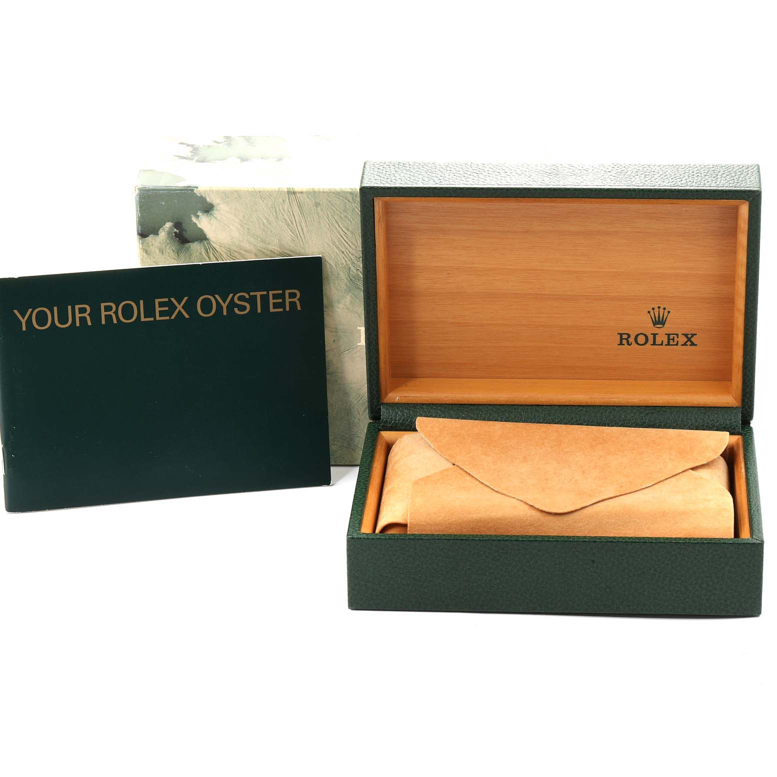 The image shows the packaging and booklet for a Rolex Air-King 14000 Men's Stainless Steel Grey Dial 14000 Men's Stainless Steel Grey Dial, including the watch box and an instruction manual.