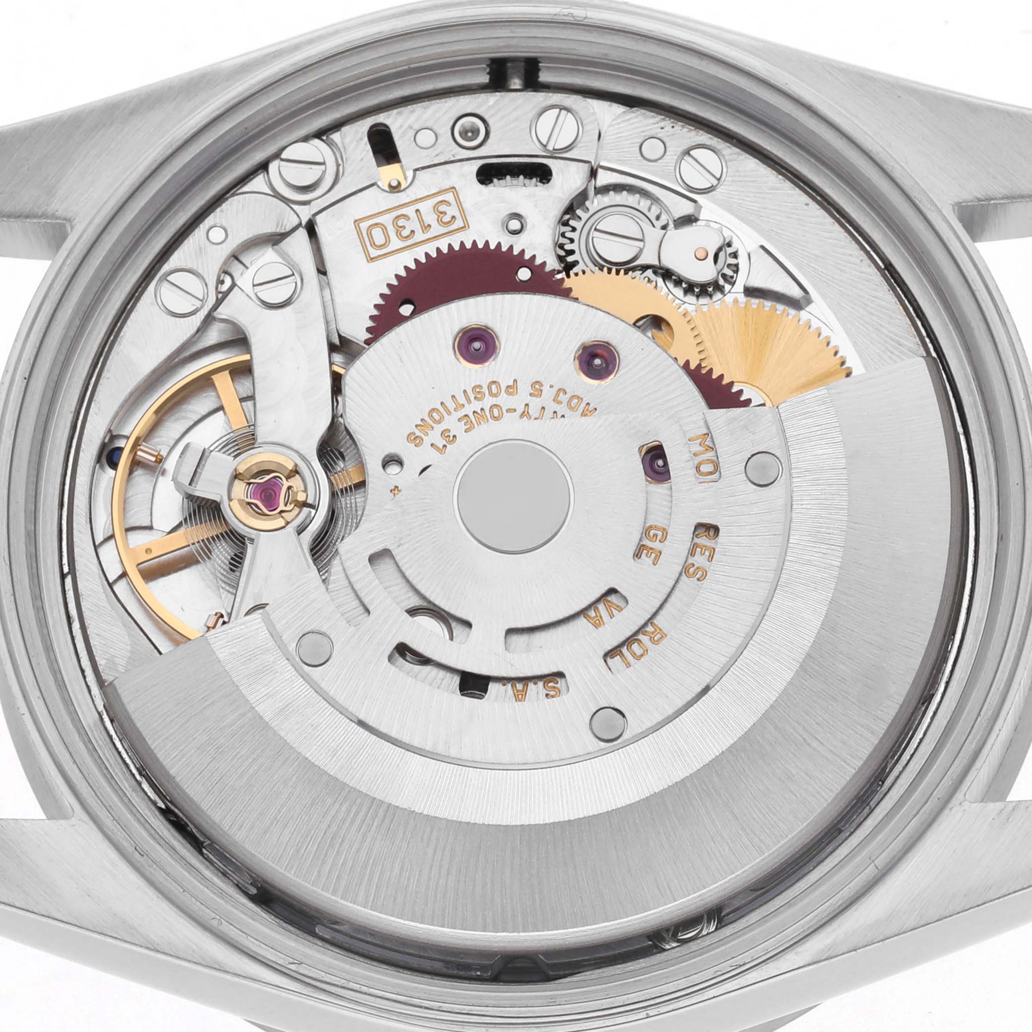 The image shows the movement of a Rolex Air-King 14010 Men's Stainless Steel Pink Dial 14010 Men's Stainless Steel Pink Dial watch viewed from the back, highlighting gears and mechanical components.