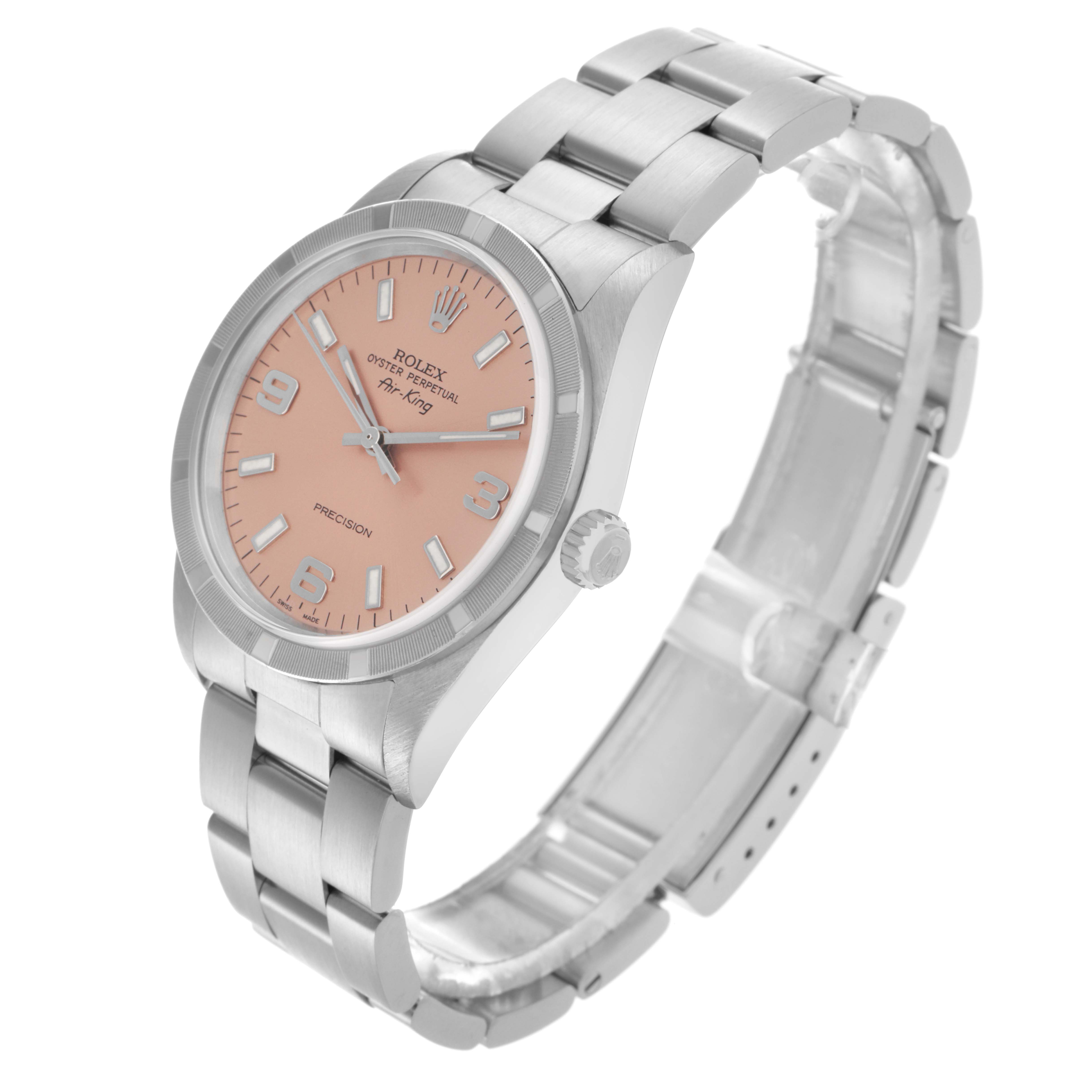 The Rolex Air-King 14010 Men's Stainless Steel Pink Dial 14010 Men's Stainless Steel Pink Dial watch is shown at an angled view displaying the face, crown, and metal bracelet.