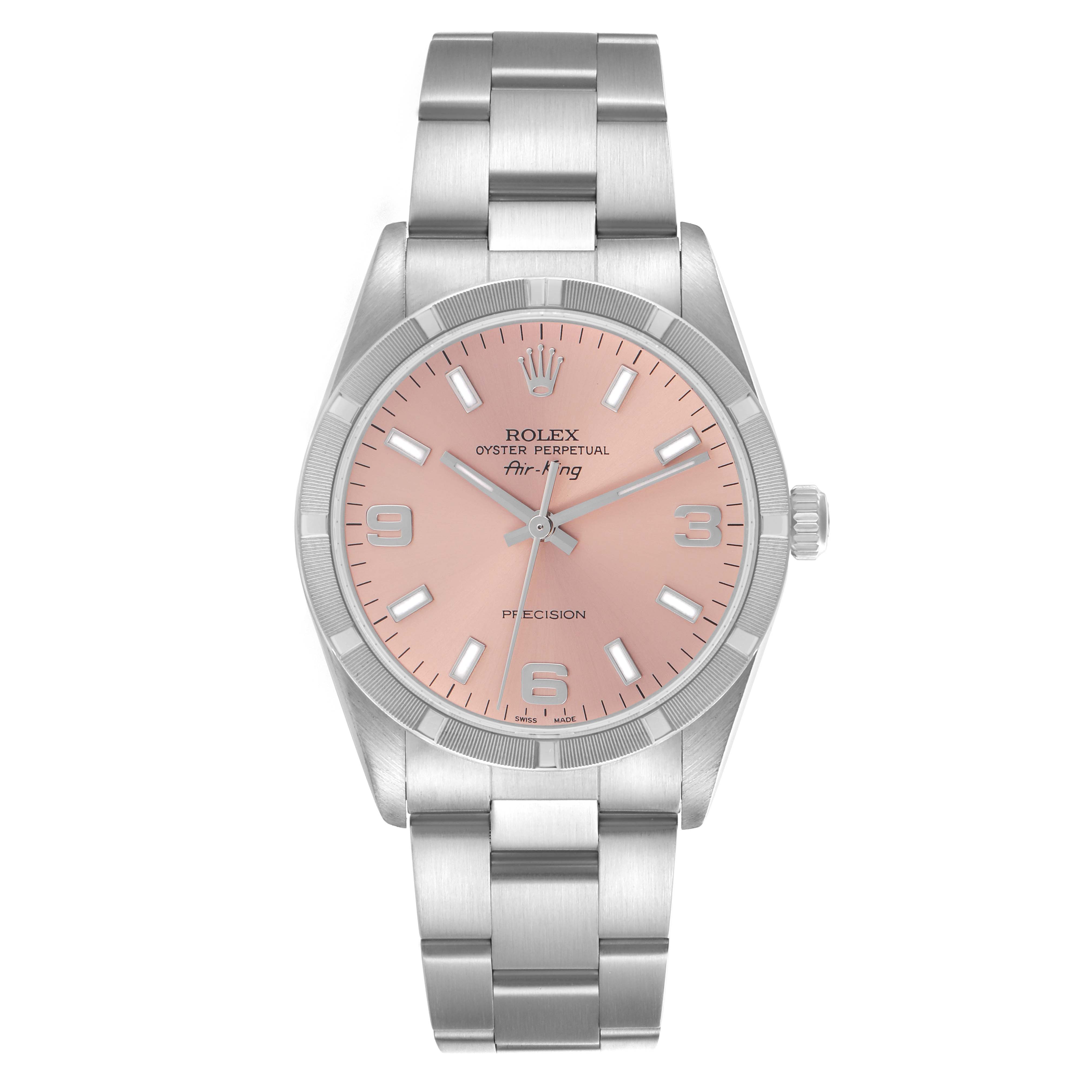The Rolex Air-King 14010 Men's Stainless Steel Pink Dial 14010 Men's Stainless Steel Pink Dial watch is shown from a front angle, displaying the dial, case, and bracelet.