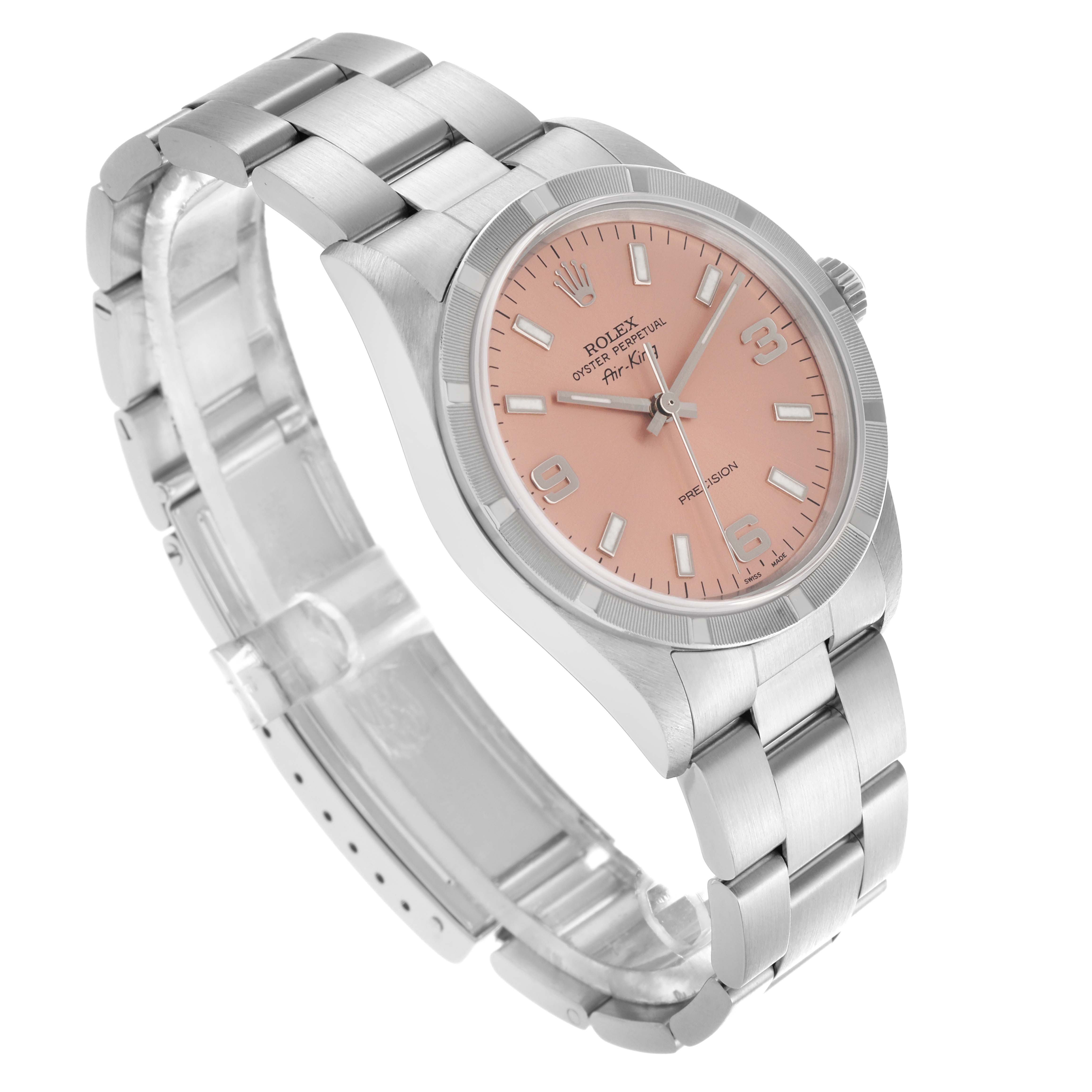 The Rolex Air-King 14010 Men's Stainless Steel Pink Dial 14010 Men's Stainless Steel Pink Dial watch is shown at an angled side view, highlighting the bracelet and dial.
