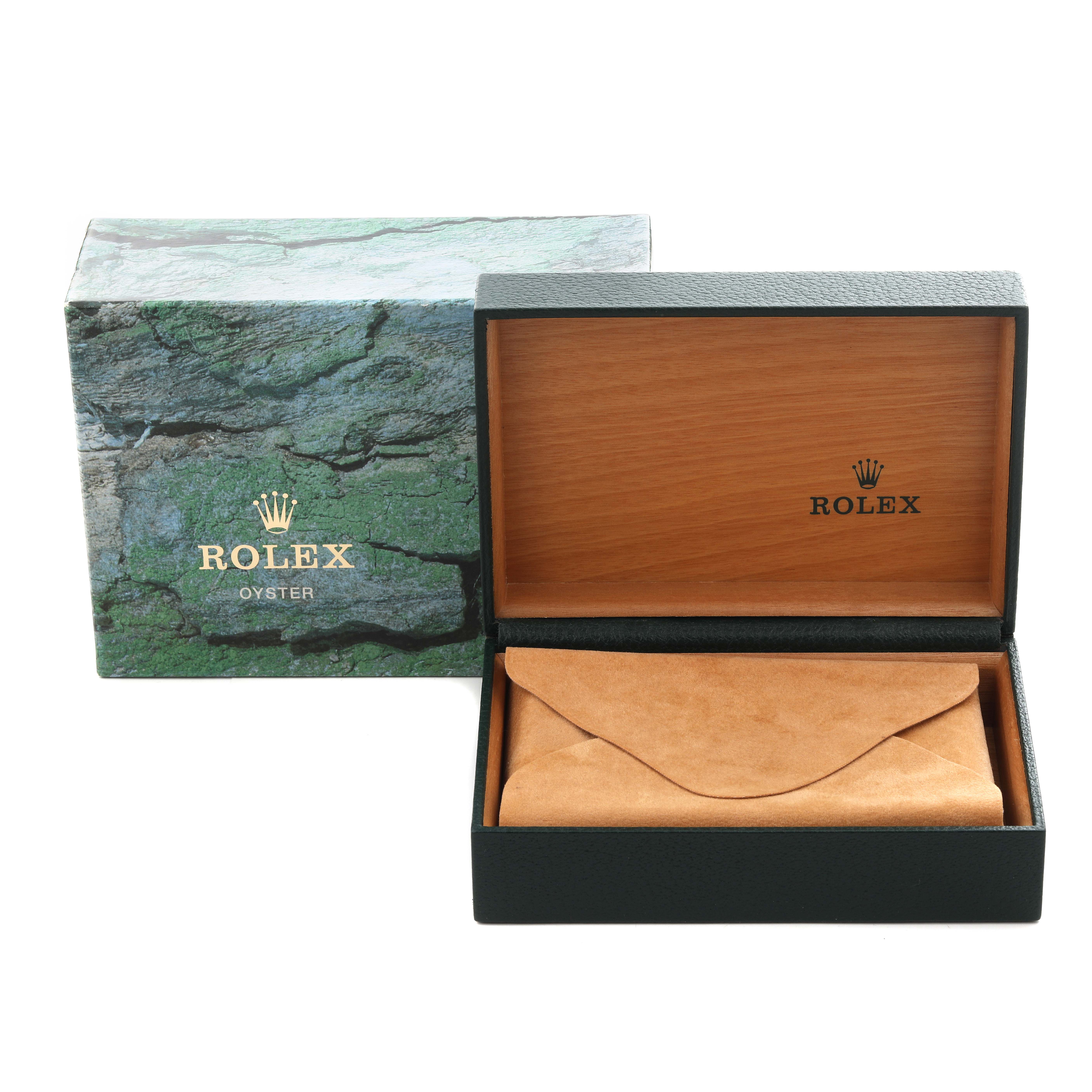 The image shows the packaging for the Rolex Air-King 14010 Men's Stainless Steel Pink Dial 14010 Men's Stainless Steel Pink Dial, including an open wooden box and an outer case, at an eye-level angle.