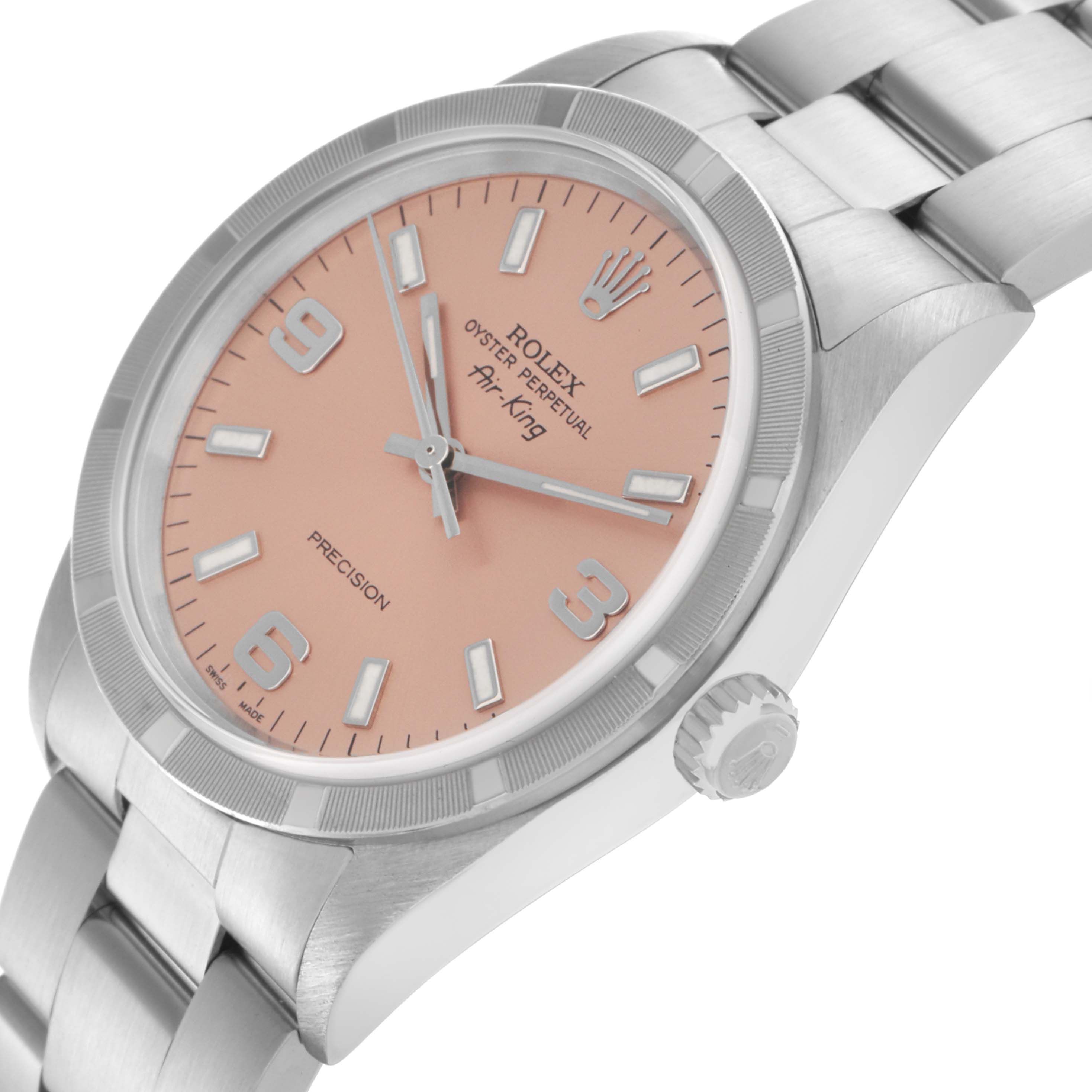 The Rolex Air-King 14010 Men's Stainless Steel Pink Dial 14010 Men's Stainless Steel Pink Dial watch is shown at an angled side view, highlighting the face, bezel, case, and part of the bracelet.