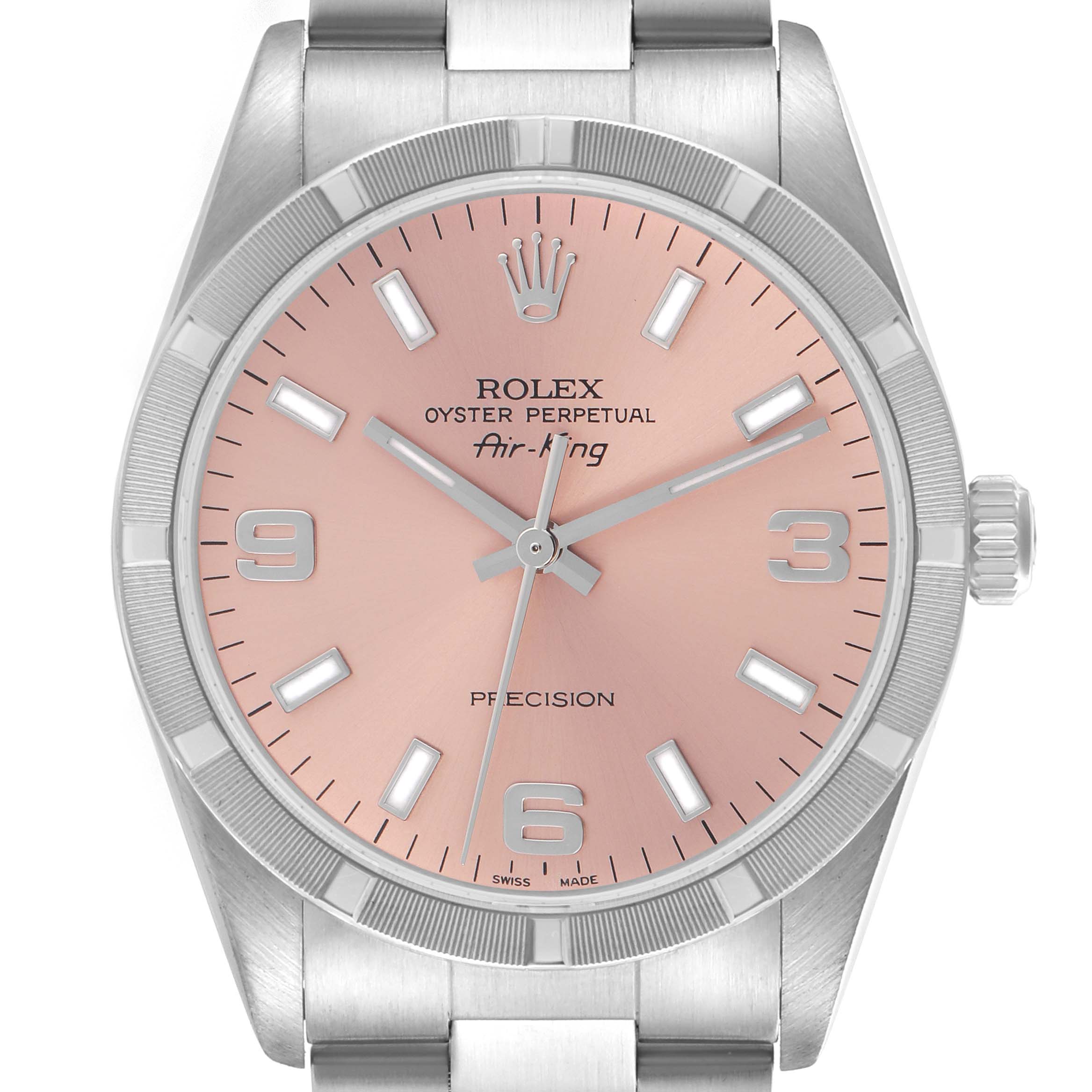 The Rolex Air-King 14010 Men's Stainless Steel Pink Dial 14010 Men's Stainless Steel Pink Dial watch is shown from the front, displaying the dial, bezel, crown, and part of the bracelet.