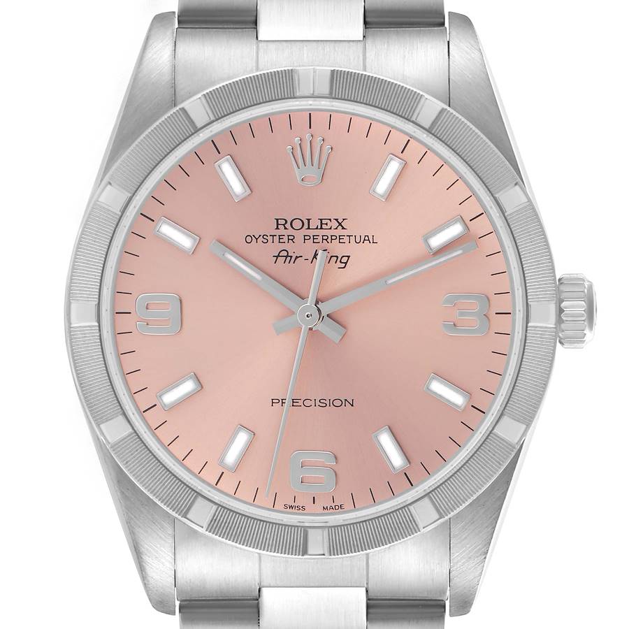 The Rolex Air-King watch is shown from the front, displaying the dial, bezel, crown, and part of the bracelet.