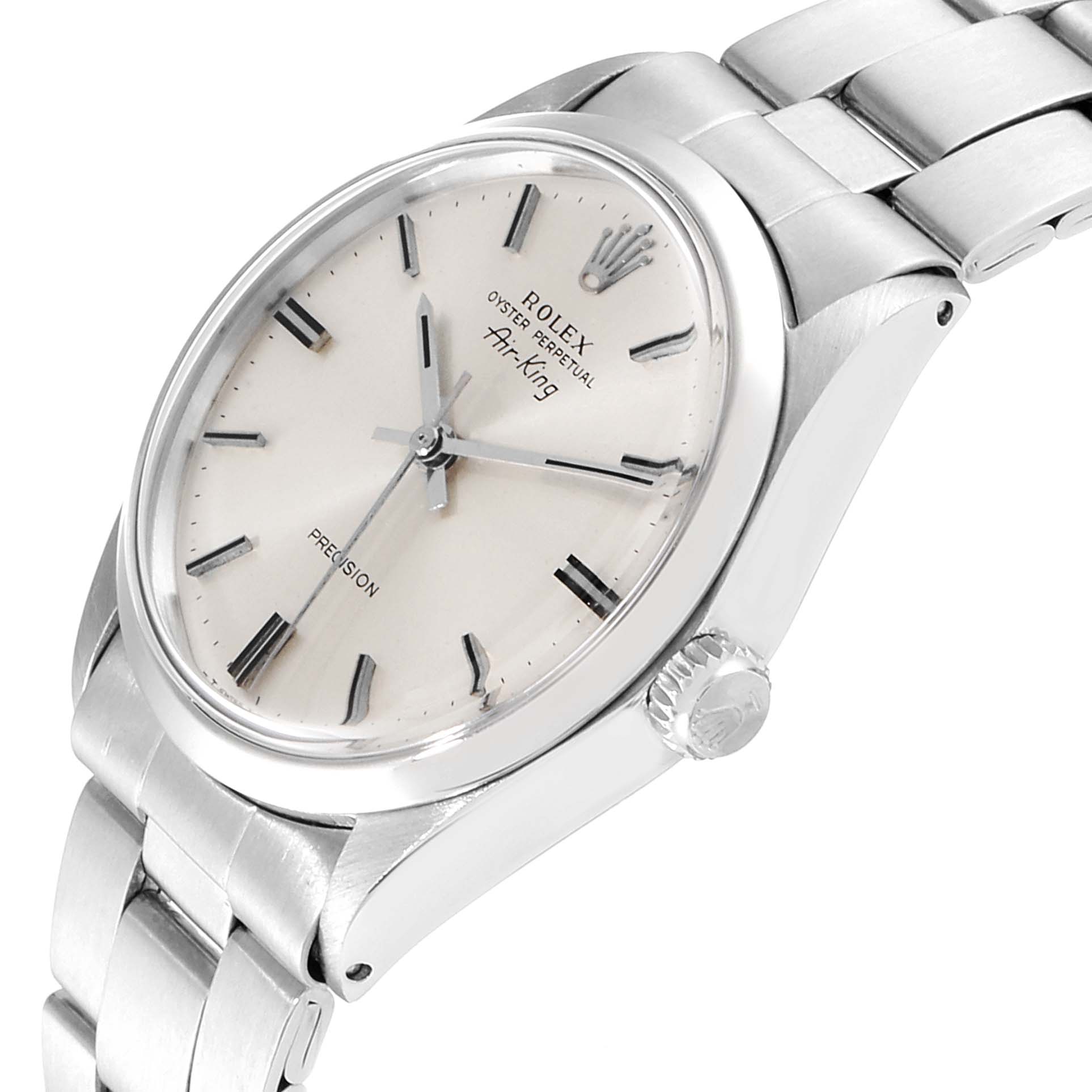 This Rolex Air-King 5500 Men's Stainless Steel Silver Dial 5500 Men's Stainless Steel Silver Dial watch is shown at an angle displaying the face, bezel, crown, and part of the bracelet.