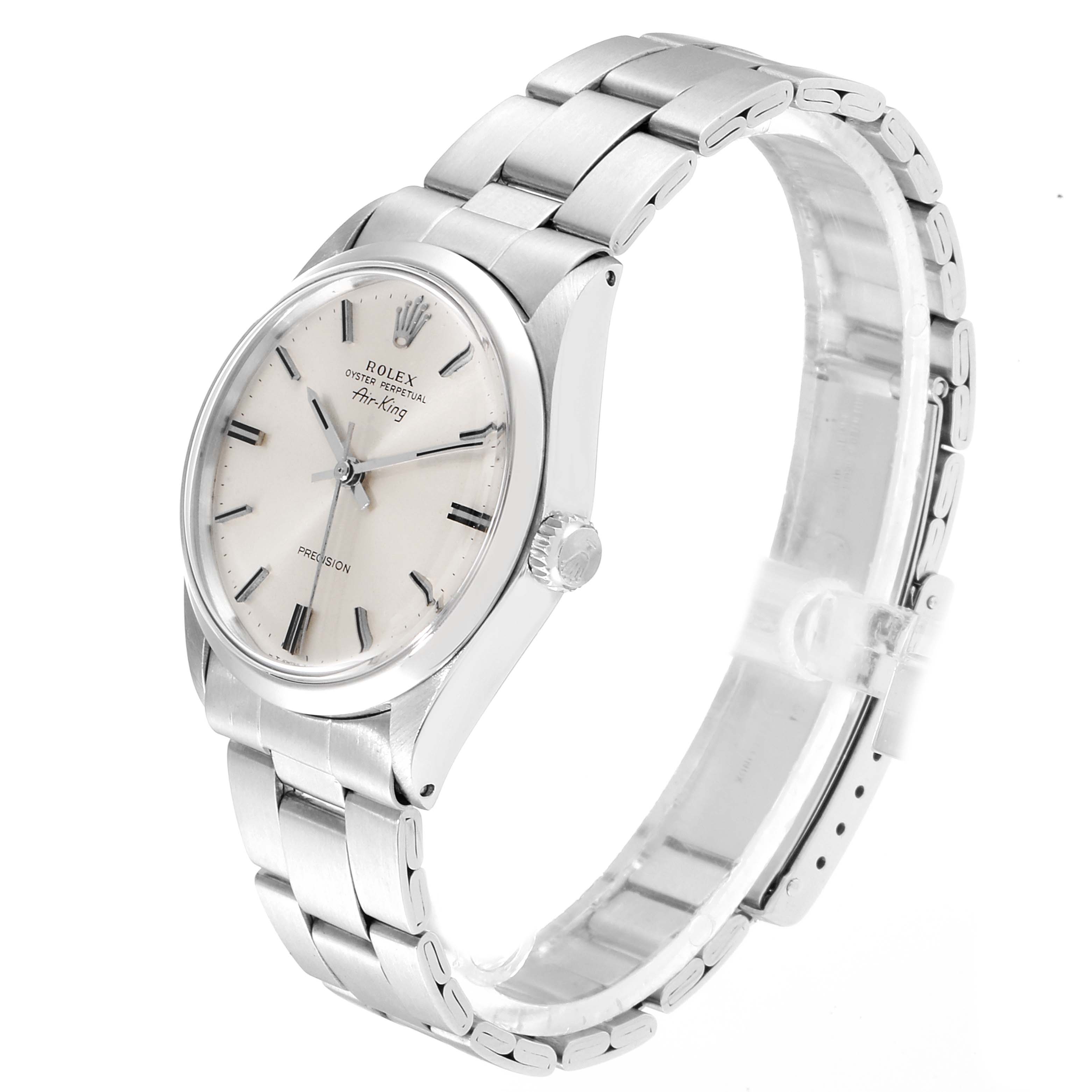 The image shows a side angle view of a Rolex Air-King 5500 Men's Stainless Steel Silver Dial 5500 Men's Stainless Steel Silver Dial watch, highlighting the face, crown, and metal bracelet.