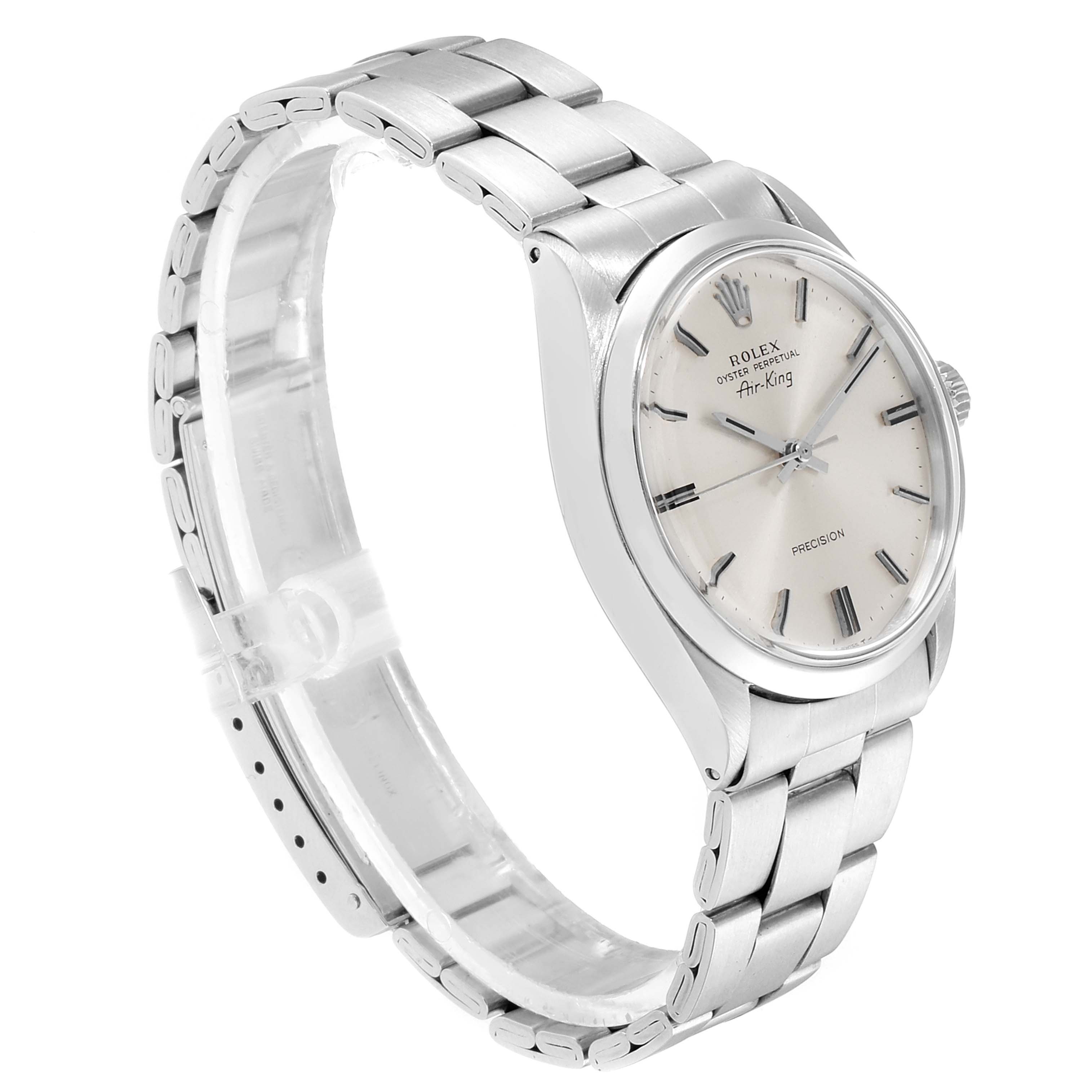 The Rolex Air-King 5500 Men's Stainless Steel Silver Dial 5500 Men's Stainless Steel Silver Dial watch is shown at an angle displaying the face, bezel, bracelet, and crown.