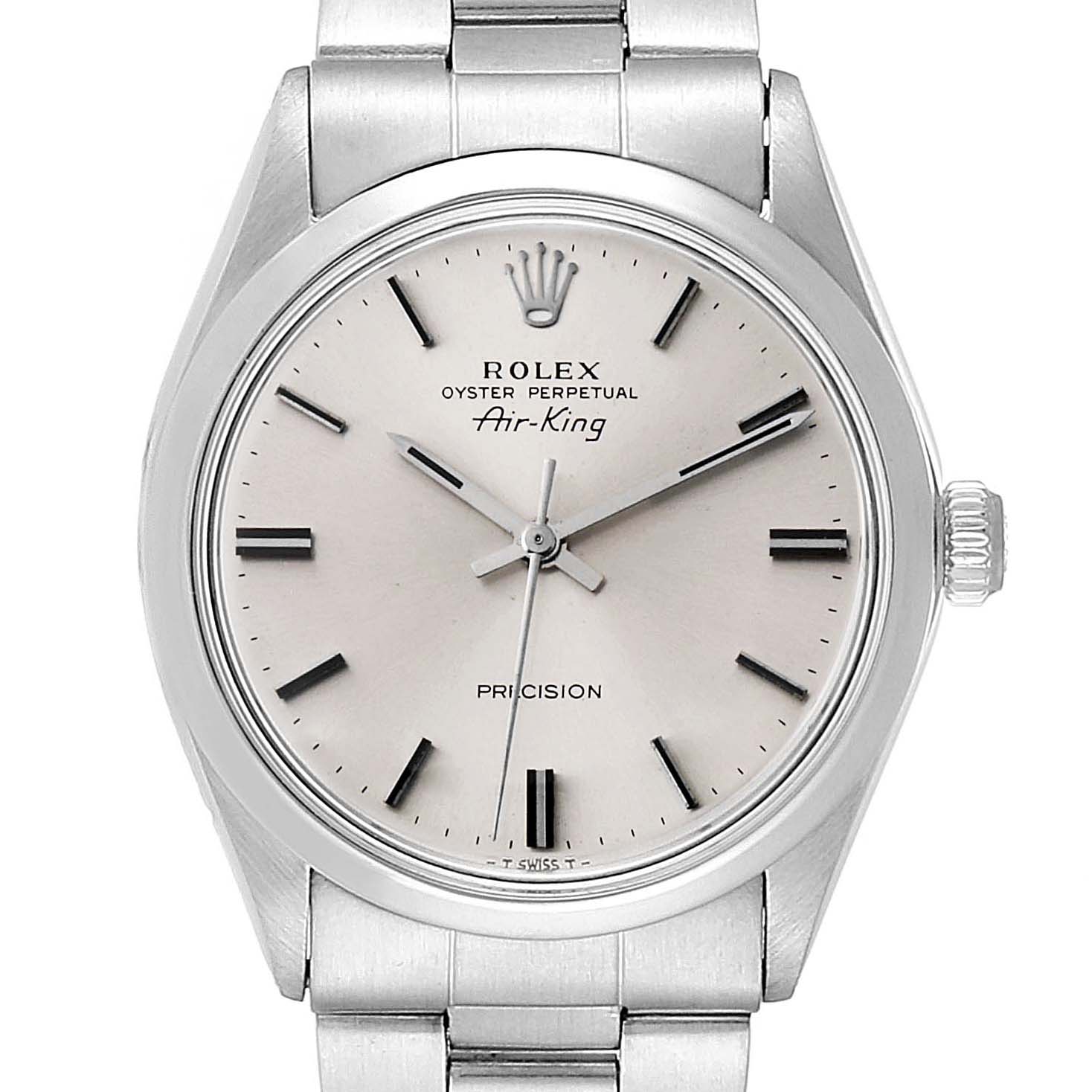 The image shows a front view of a Rolex Air-King 5500 Men's Stainless Steel Silver Dial 5500 Men's Stainless Steel Silver Dial watch, displaying its dial, case, crown, and part of the bracelet.