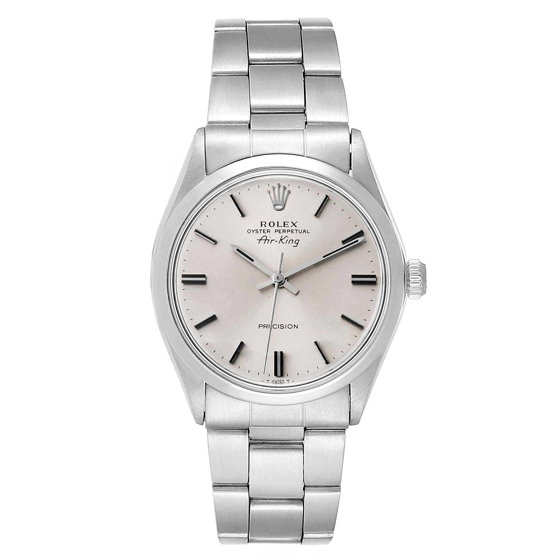 The Rolex Air-King 5500 Men's Stainless Steel Silver Dial 5500 Men's Stainless Steel Silver Dial watch is shown in a frontal view, displaying its silver dial, bracelet, and crown.