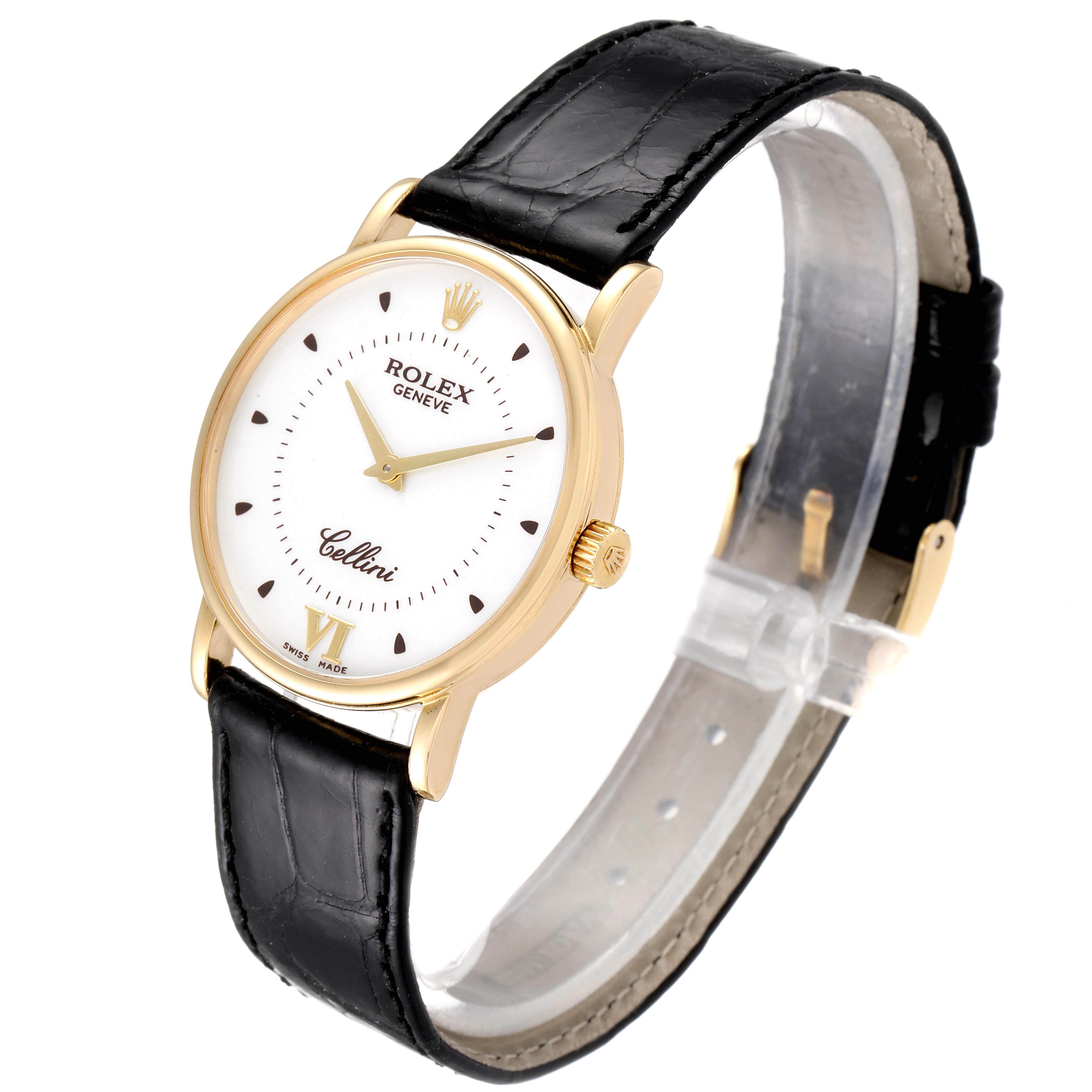 The Rolex Cellini 5115 Men's Yellow Gold Silver Dial 5115 Men's Yellow Gold Silver Dial watch is shown at a slight angle, displaying the dial, case, crown, and black leather strap.