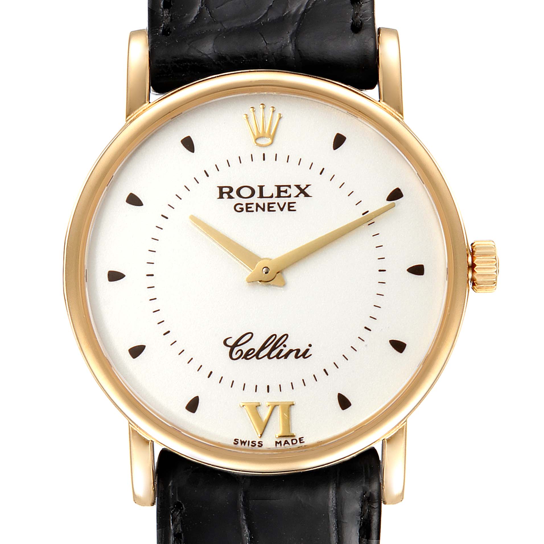 The image shows a frontal view of the Rolex Cellini 5115 Men's Yellow Gold Silver Dial 5115 Men's Yellow Gold Silver Dial watch face and its black leather strap.
