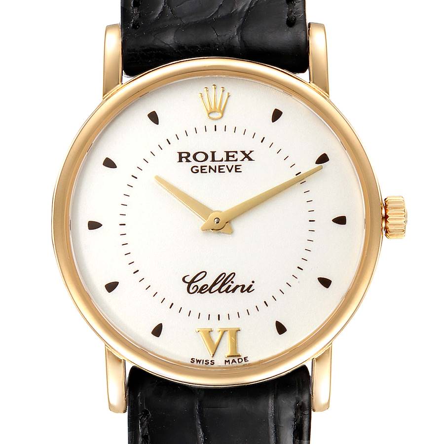 Rolex Cellini Classic Yellow Gold Silver Dial Black Strap Mens Watch 5115 SwissWatchExpo