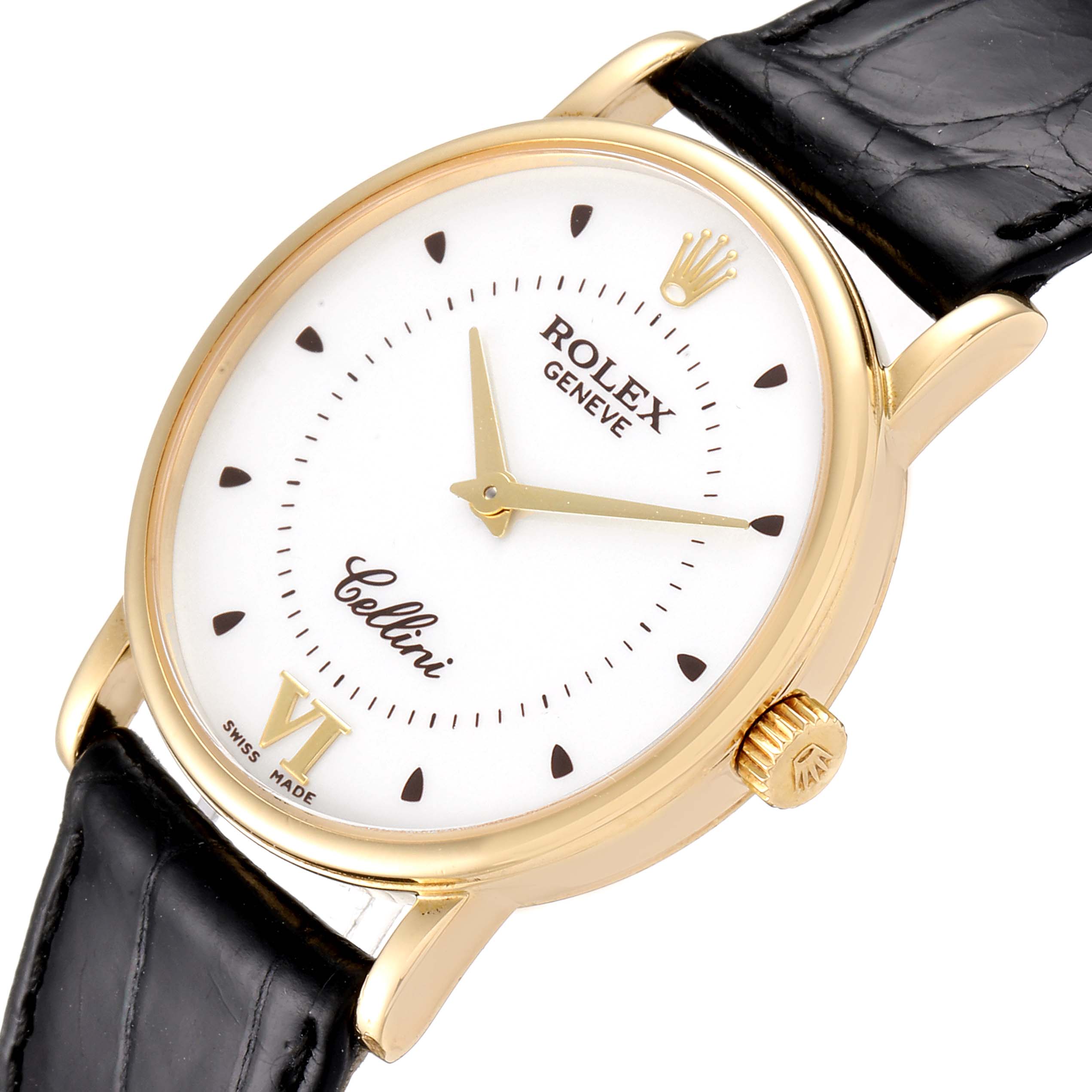 The image shows a close-up of the Rolex Cellini 5115 Men's Yellow Gold Silver Dial 5115 Men's Yellow Gold Silver Dial watch face, including its crown, case, and part of the black leather strap.