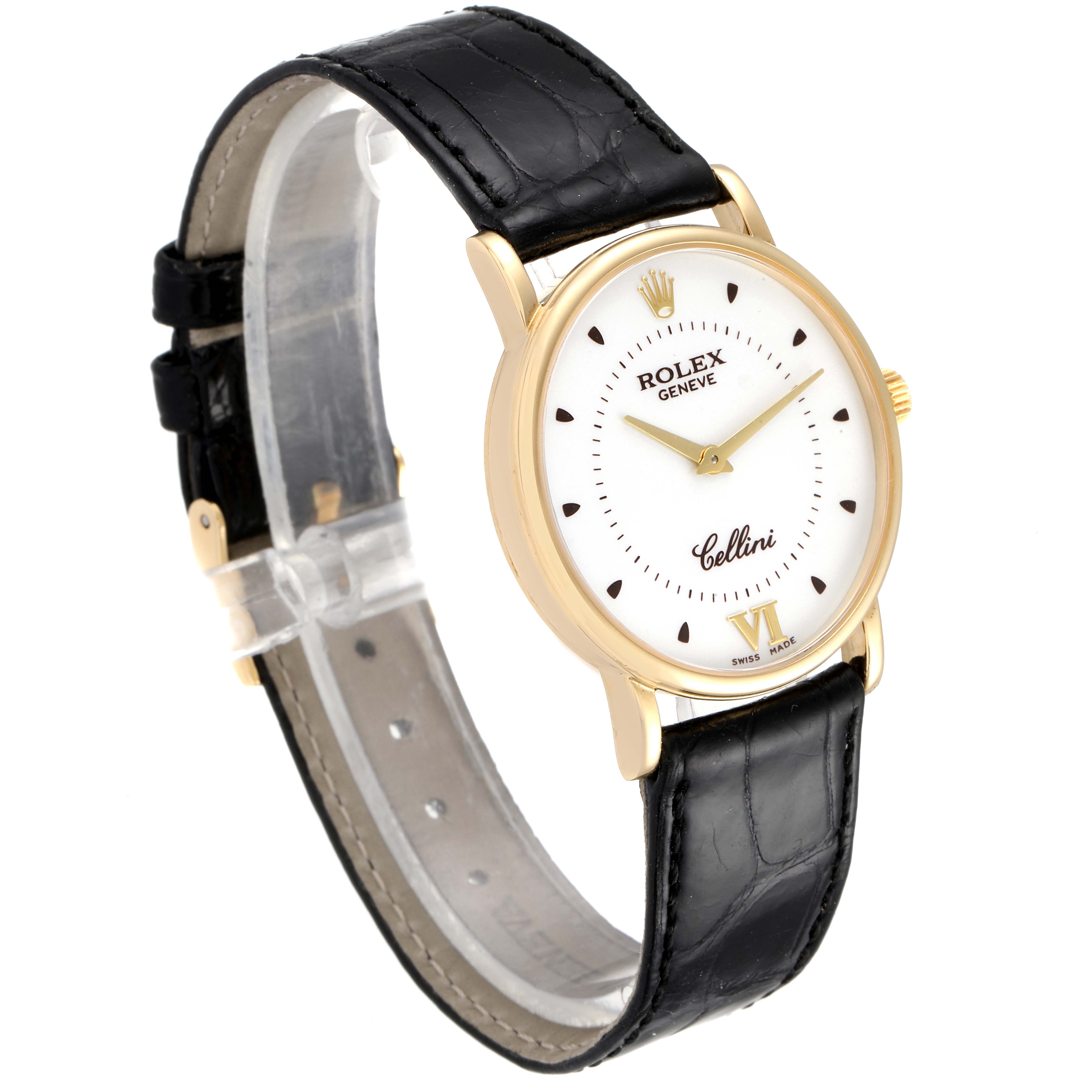 The Rolex Cellini 5115 Men's Yellow Gold Silver Dial 5115 Men's Yellow Gold Silver Dial watch is shown at a slight angle, displaying the face, strap, and side view of the case and crown.