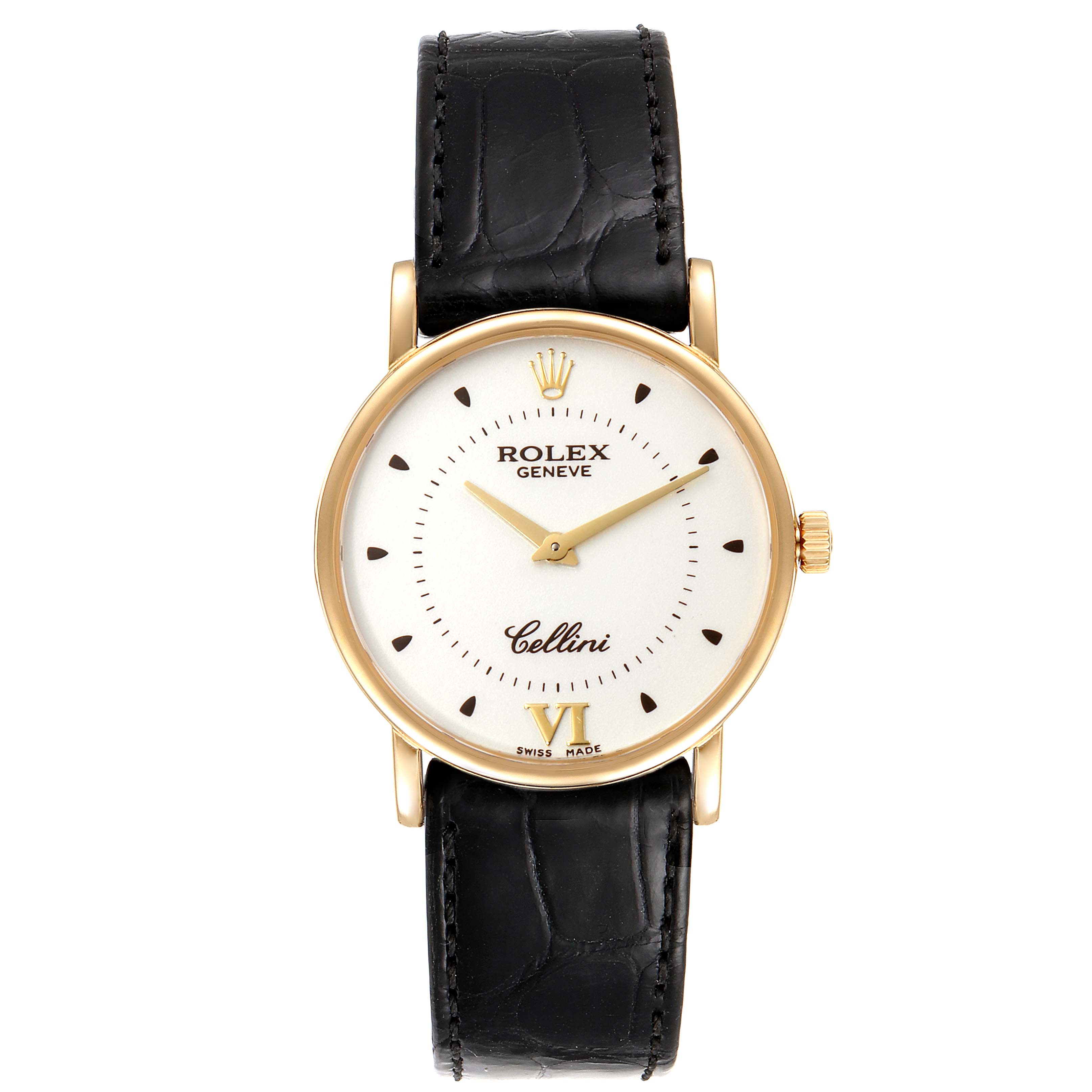 The image shows a front view of a Rolex Cellini 5115 Men's Yellow Gold Silver Dial 5115 Men's Yellow Gold Silver Dial watch, featuring its dial, gold case, crown, and black leather strap.