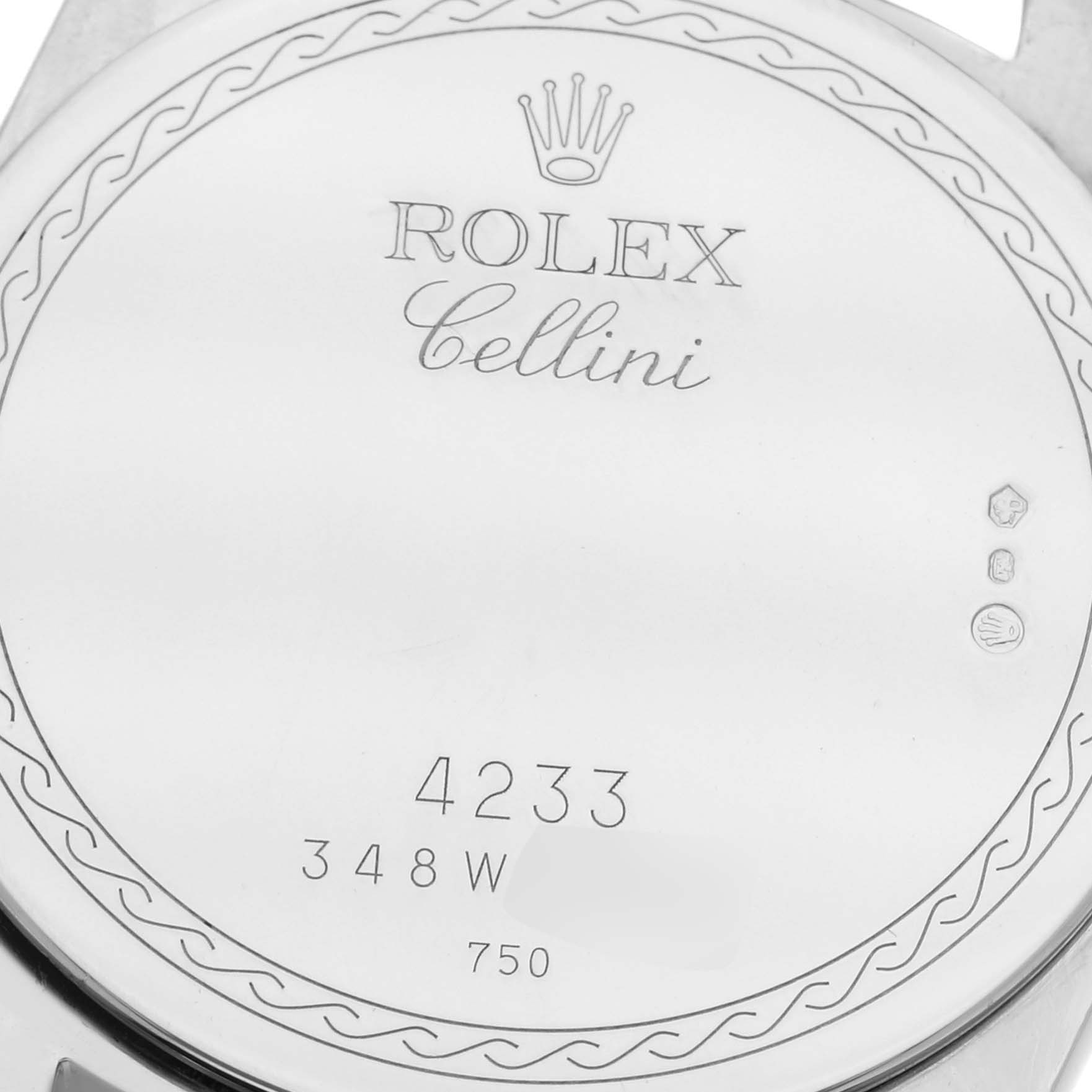 The image shows the back cover of a Rolex Cellini 4233/9BIC Men's Steel and Gold (two tone) White Dial 4233/9BIC Men's Steel and Gold (two tone) White Dial watch, displaying the Rolex logo, model name, and some markings.
