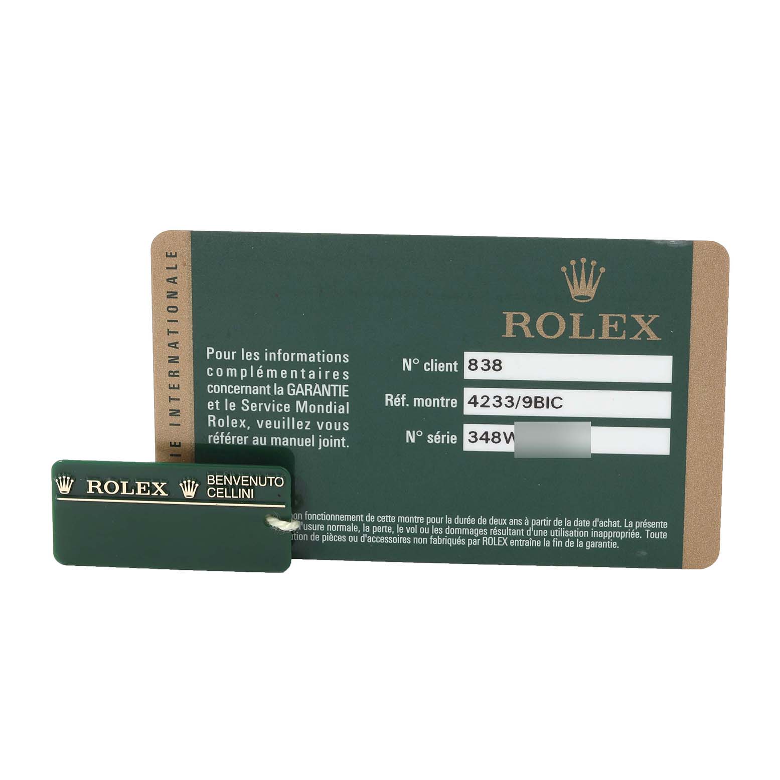 The image shows the warranty card and a tag for the Rolex Cellini 4233/9BIC Men's Steel and Gold (two tone) White Dial 4233/9BIC Men's Steel and Gold (two tone) White Dial model watch.