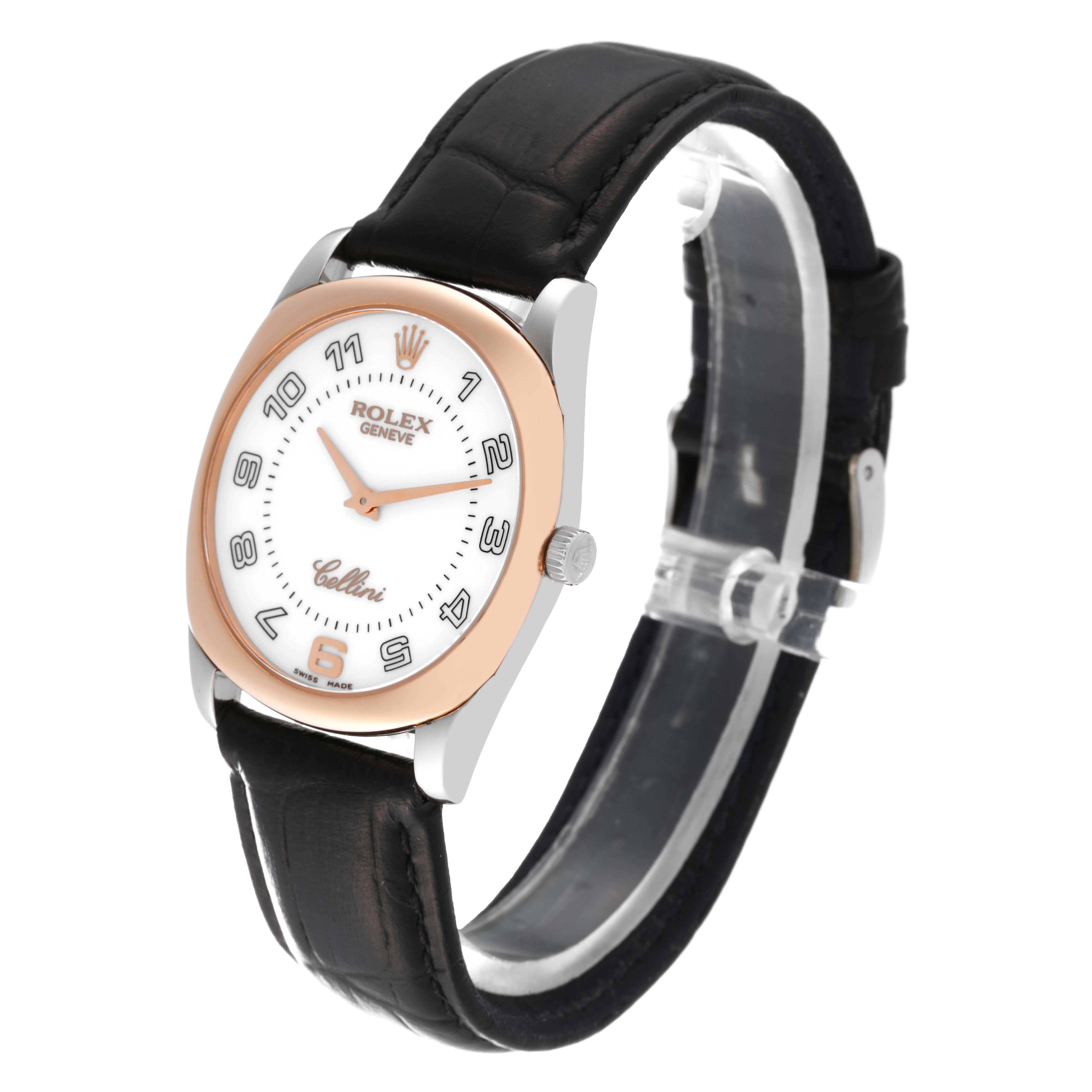 The Rolex Cellini 4233/9BIC Men's Steel and Gold (two tone) White Dial 4233/9BIC Men's Steel and Gold (two tone) White Dial watch is shown at a slight angle, displaying its face, rose gold bezel, black leather strap, and part of its side.