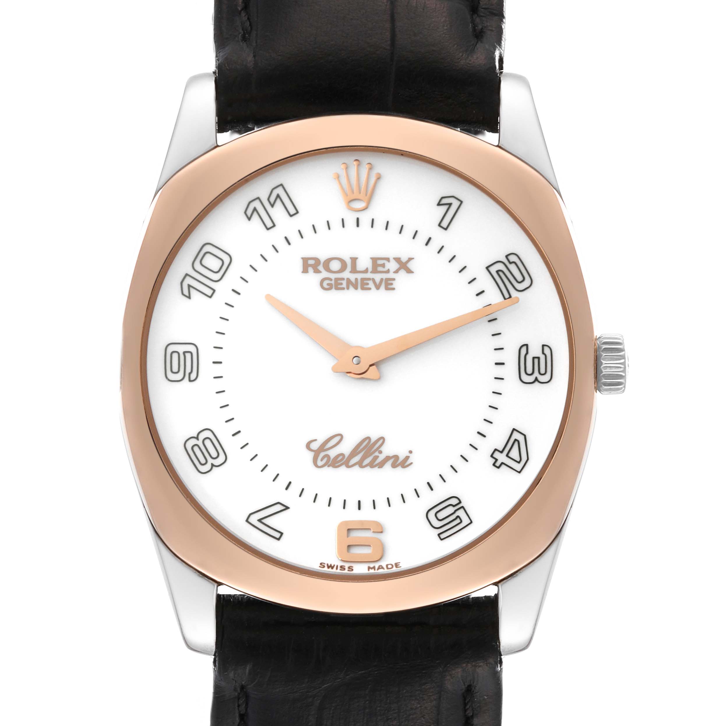 This image shows a front view of the Rolex Cellini 4233/9BIC Men's Steel and Gold (two tone) White Dial 4233/9BIC Men's Steel and Gold (two tone) White Dial watch, highlighting its dial, hands, crown, and leather strap.