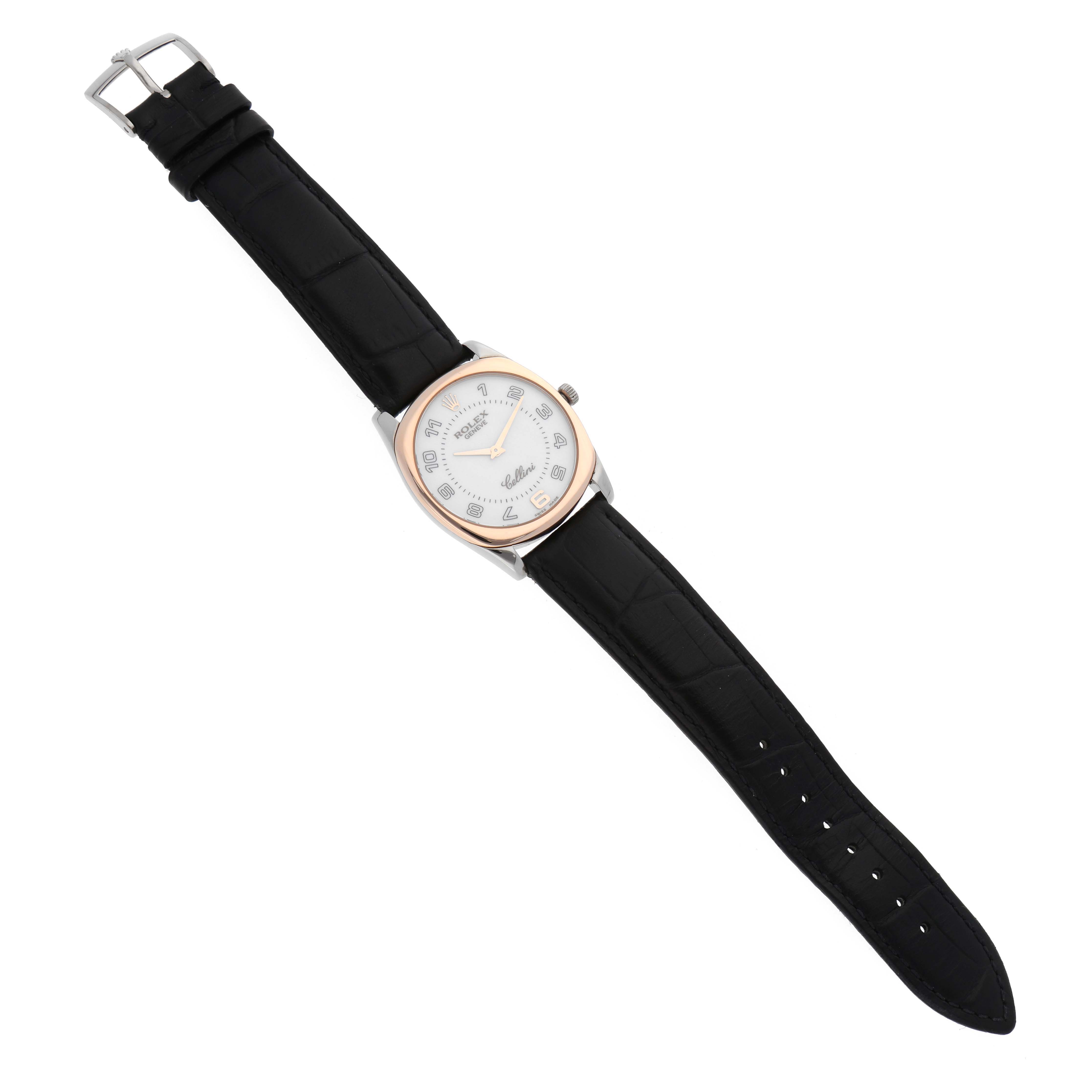 The image shows a top-down view of a Rolex Cellini 4233/9BIC Men's Steel and Gold (two tone) White Dial 4233/9BIC Men's Steel and Gold (two tone) White Dial watch, displaying the face, bezel, case, strap, and buckle.