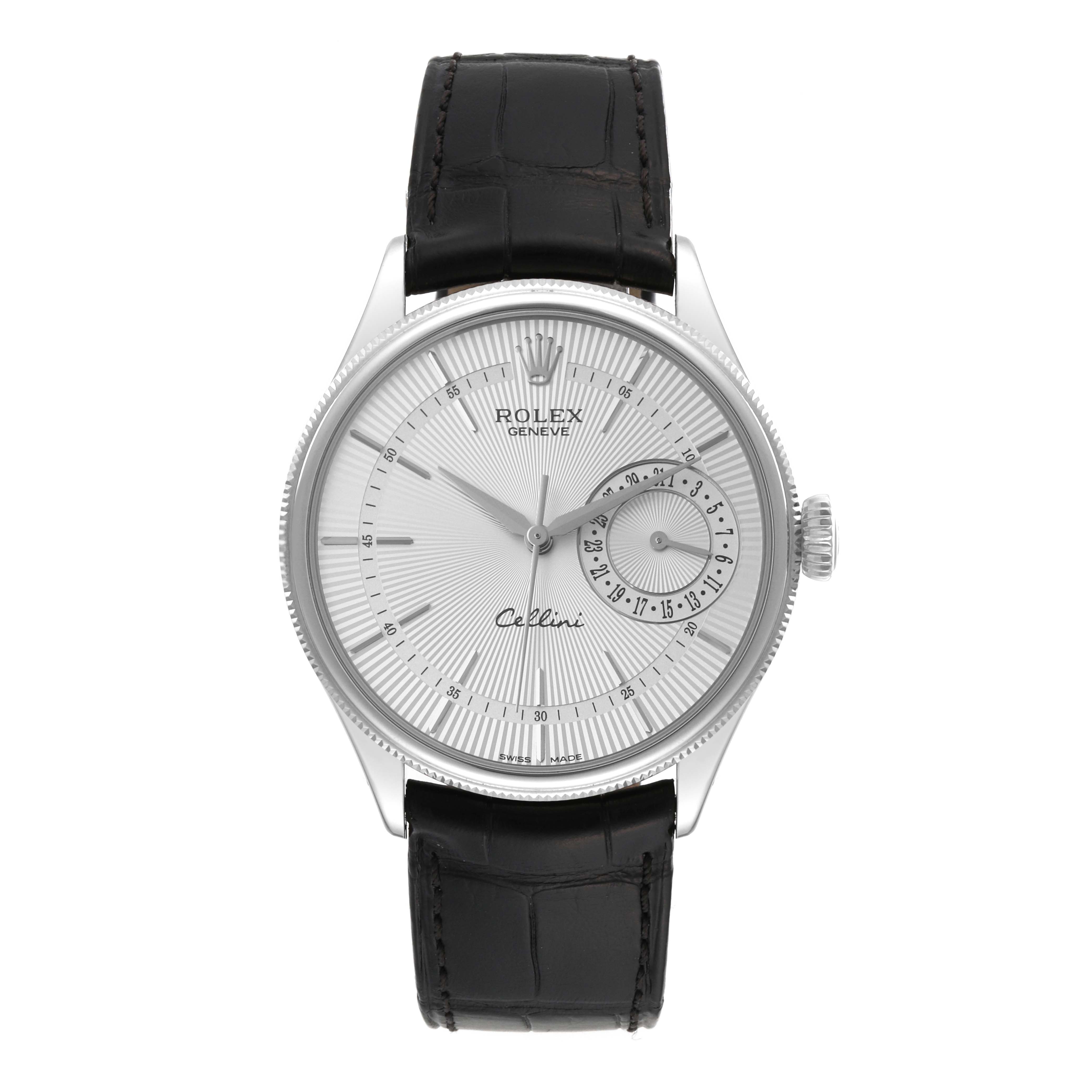 The image shows a front view of the Rolex Cellini 50519 Men's White Gold Silver Dial 50519 Men's White Gold Silver Dial watch, displaying its silver dial, black leather strap, and date sub-dial.