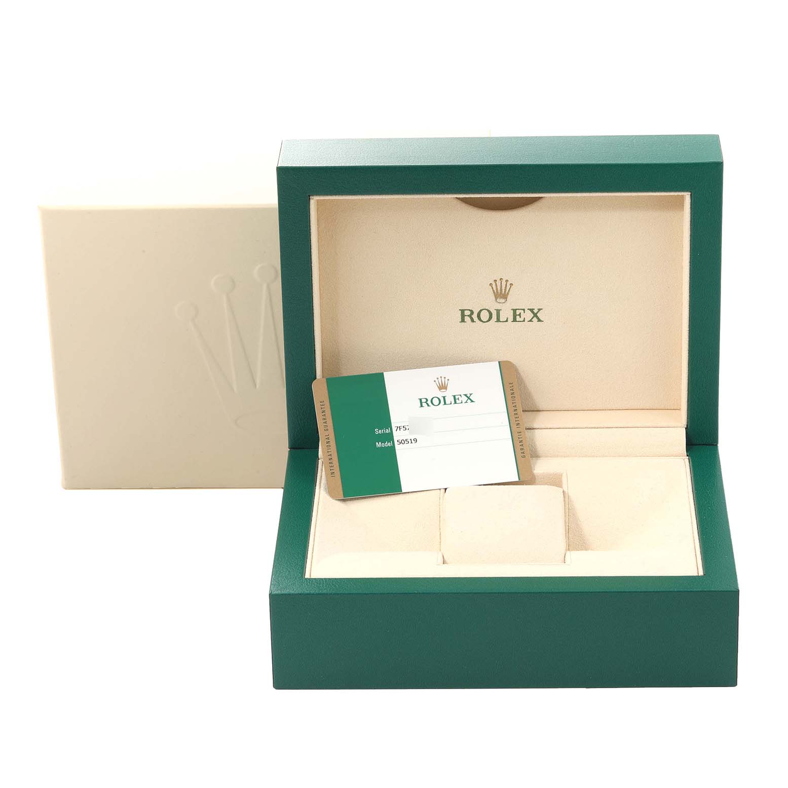 The image shows an open Rolex Cellini 50519 Men's White Gold Silver Dial 50519 Men's White Gold Silver Dial watch box with an authenticity card displayed inside.
