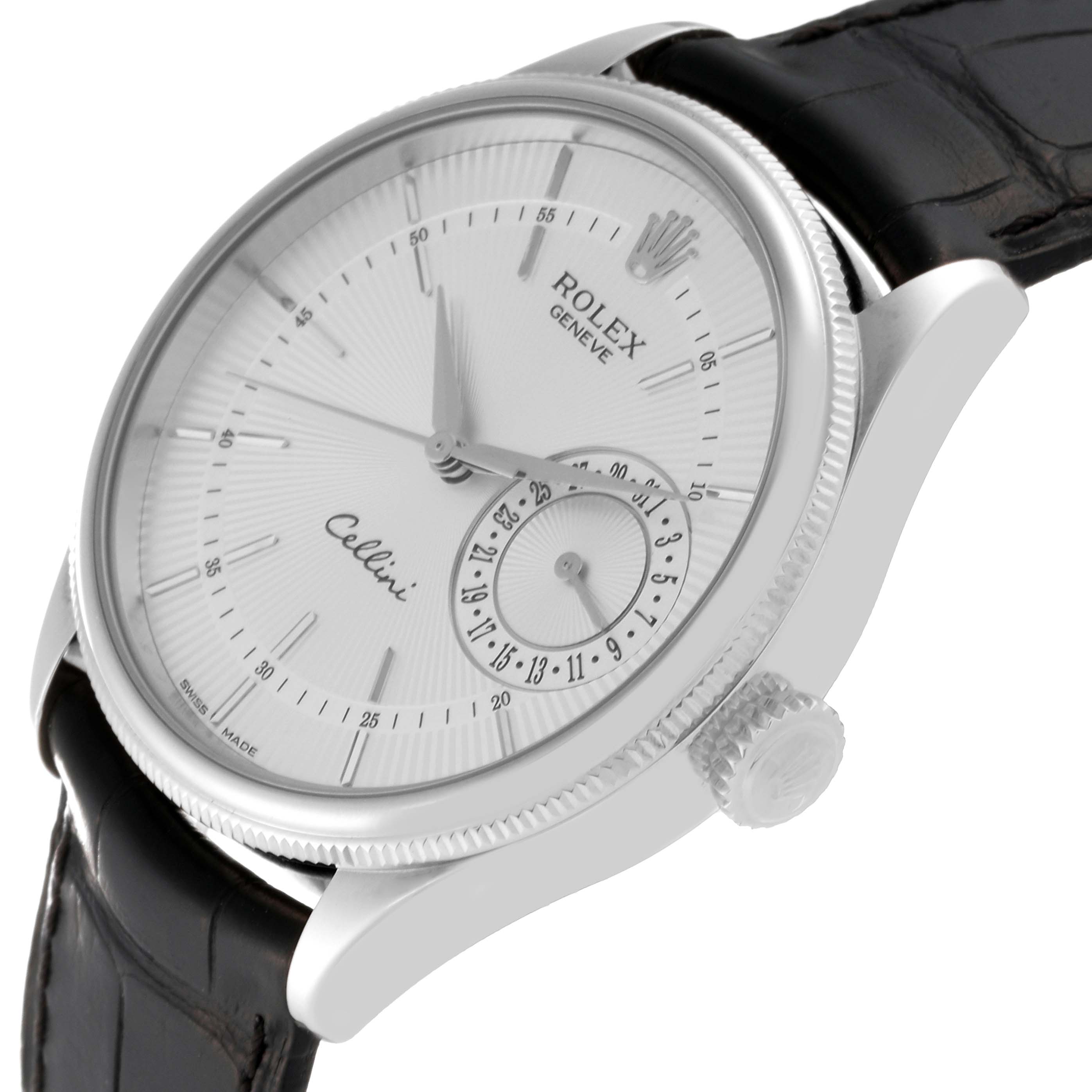 The image shows a side angle view of a Rolex Cellini 50519 Men's White Gold Silver Dial 50519 Men's White Gold Silver Dial watch, highlighting the dial, crown, and leather strap.