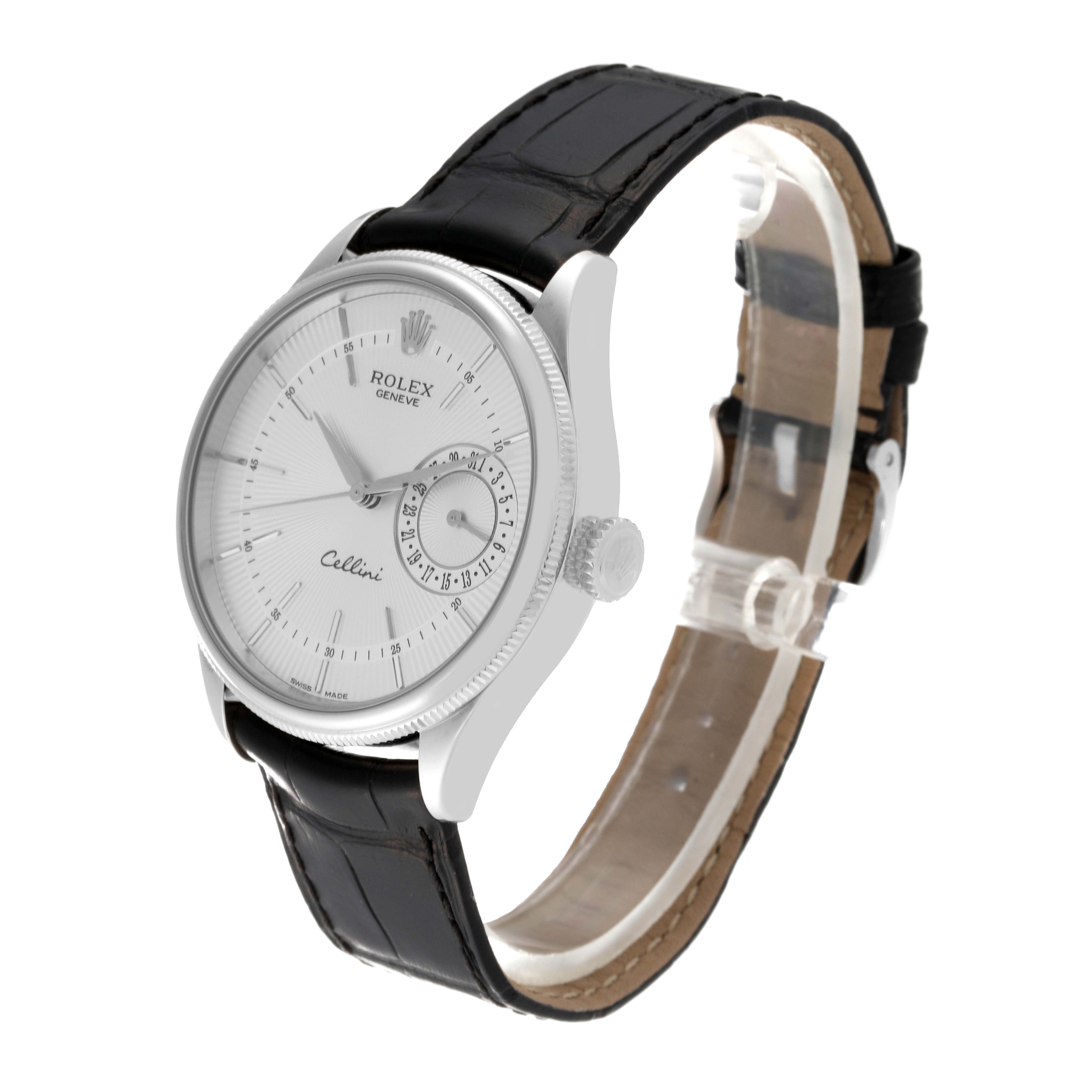 The Rolex Cellini 50519 Men's White Gold Silver Dial 50519 Men's White Gold Silver Dial watch is shown at a three-quarter angle, highlighting its dial, bezel, crown, and leather strap.