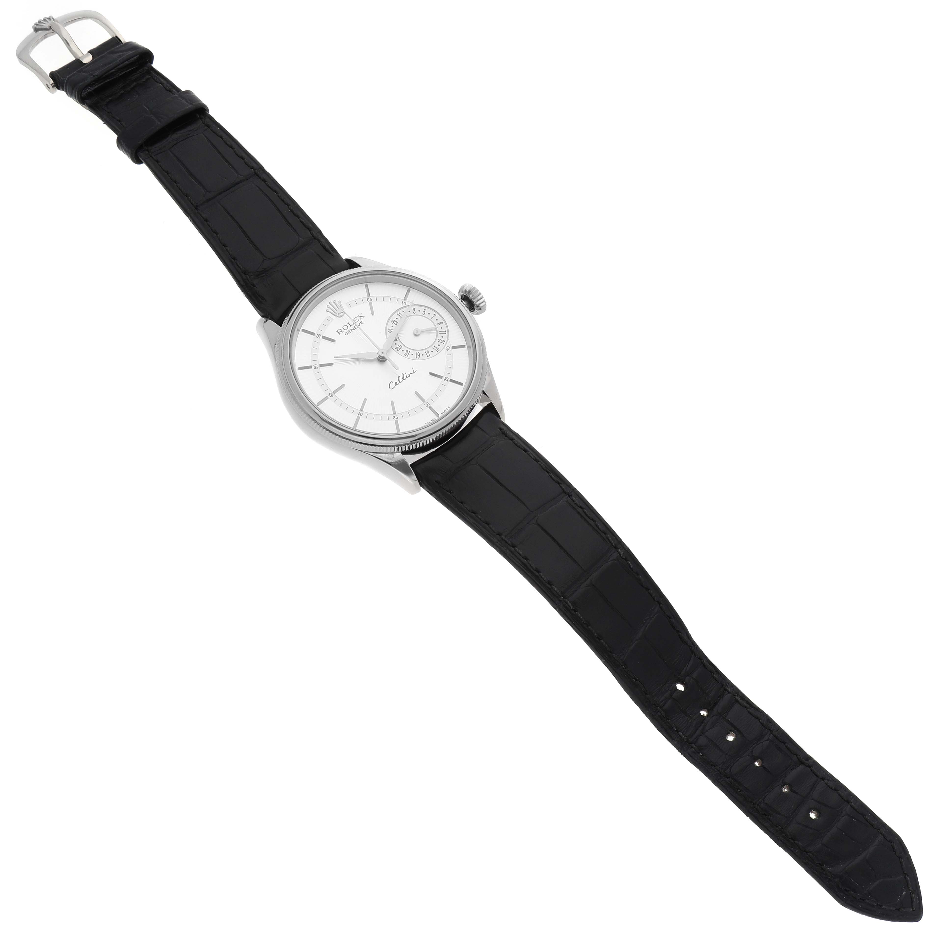 The Rolex Cellini 50519 Men's White Gold Silver Dial 50519 Men's White Gold Silver Dial watch is shown from a top-down angle, displaying its face, bezel, crown, and leather strap.