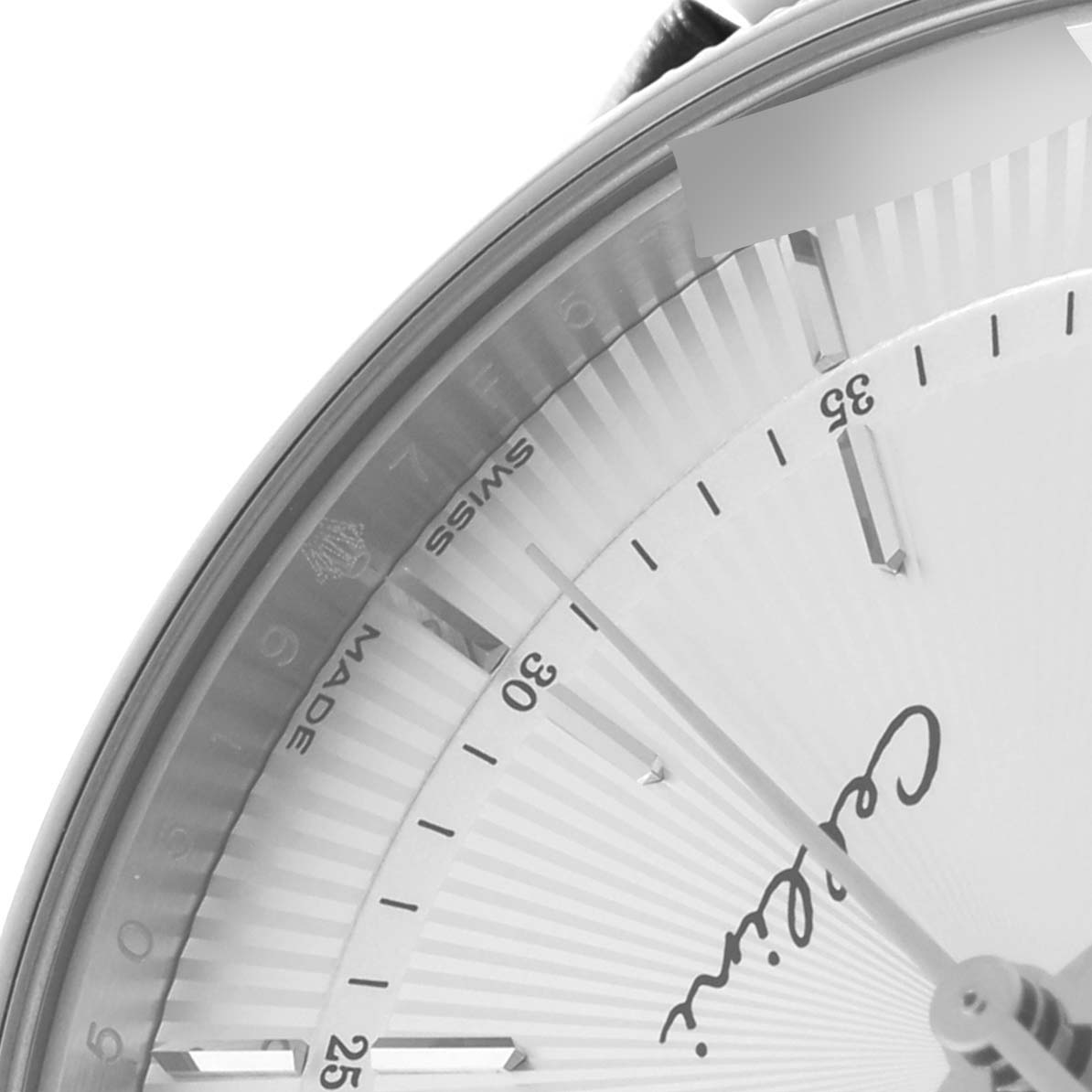 The image shows a close-up of the dial, minute markers, and hands of a Rolex Cellini 50519 Men's White Gold Silver Dial 50519 Men's White Gold Silver Dial watch.