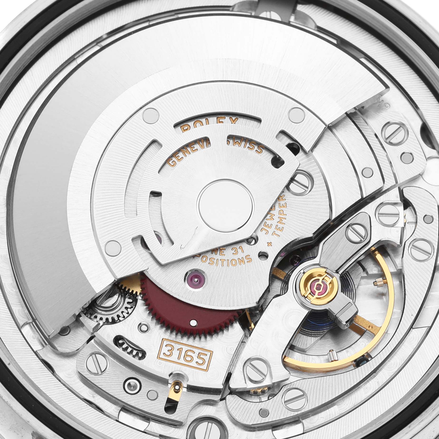 This image shows the intricate internal components of a Rolex Cellini 50519 Men's White Gold Silver Dial 50519 Men's White Gold Silver Dial watch movement, viewed from the back.