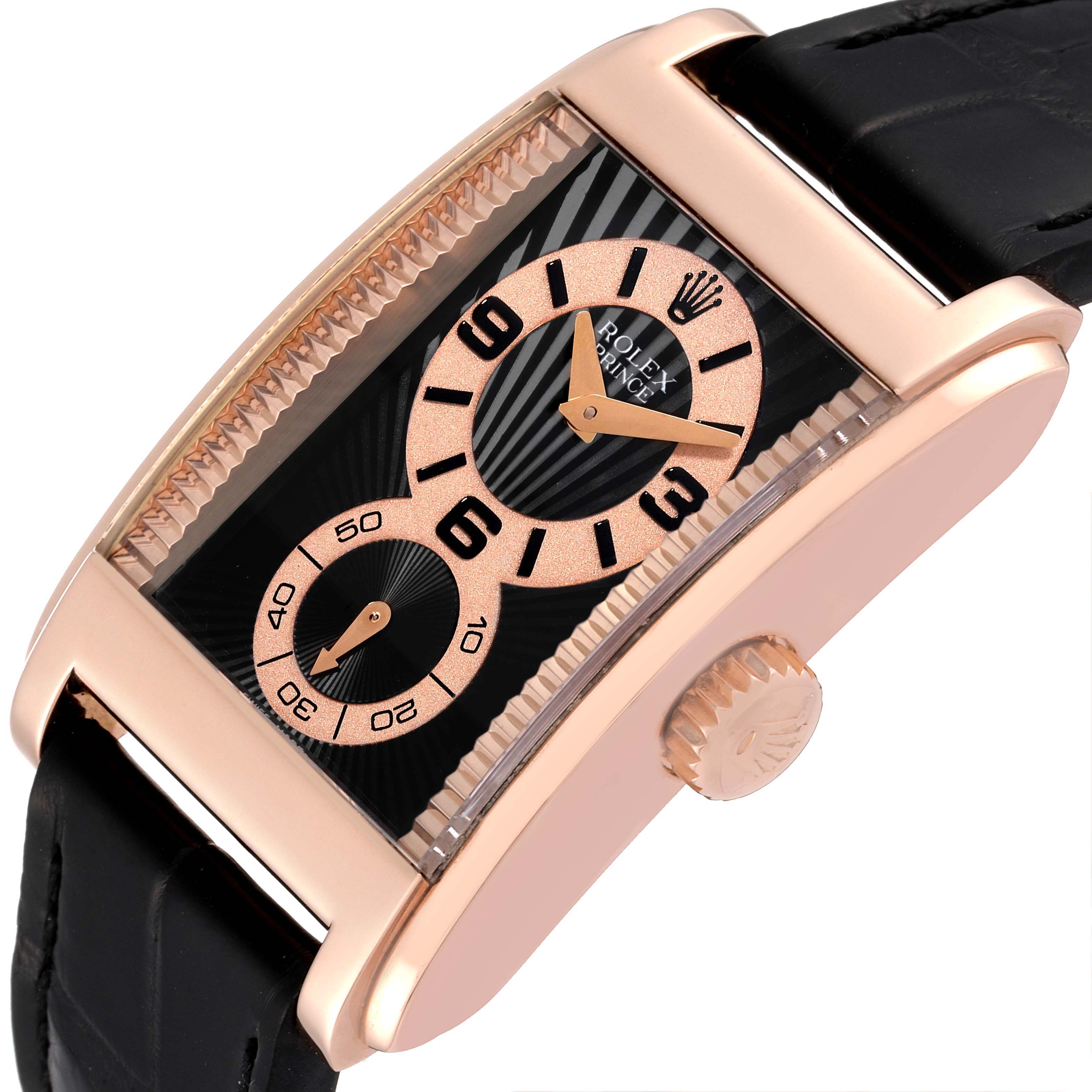The Rolex Cellini 5442 Men's Rose Gold Black Dial watch is shown at an angled top view, displaying the dial, crown, and part of the strap.