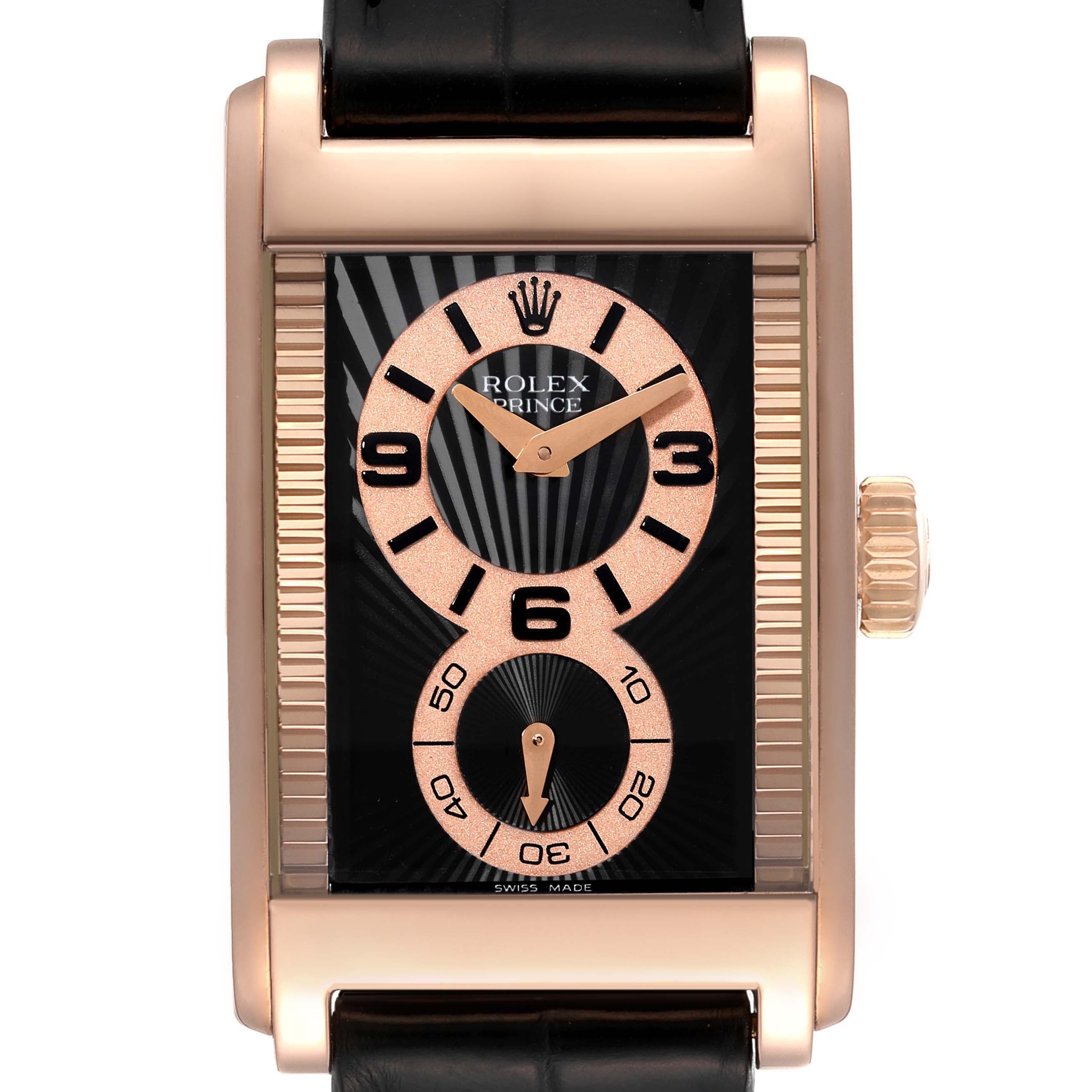 The Rolex Cellini 5442 Men's Rose Gold Black Dial model watch is shown from the front, highlighting its rectangular face and crown on the right side.