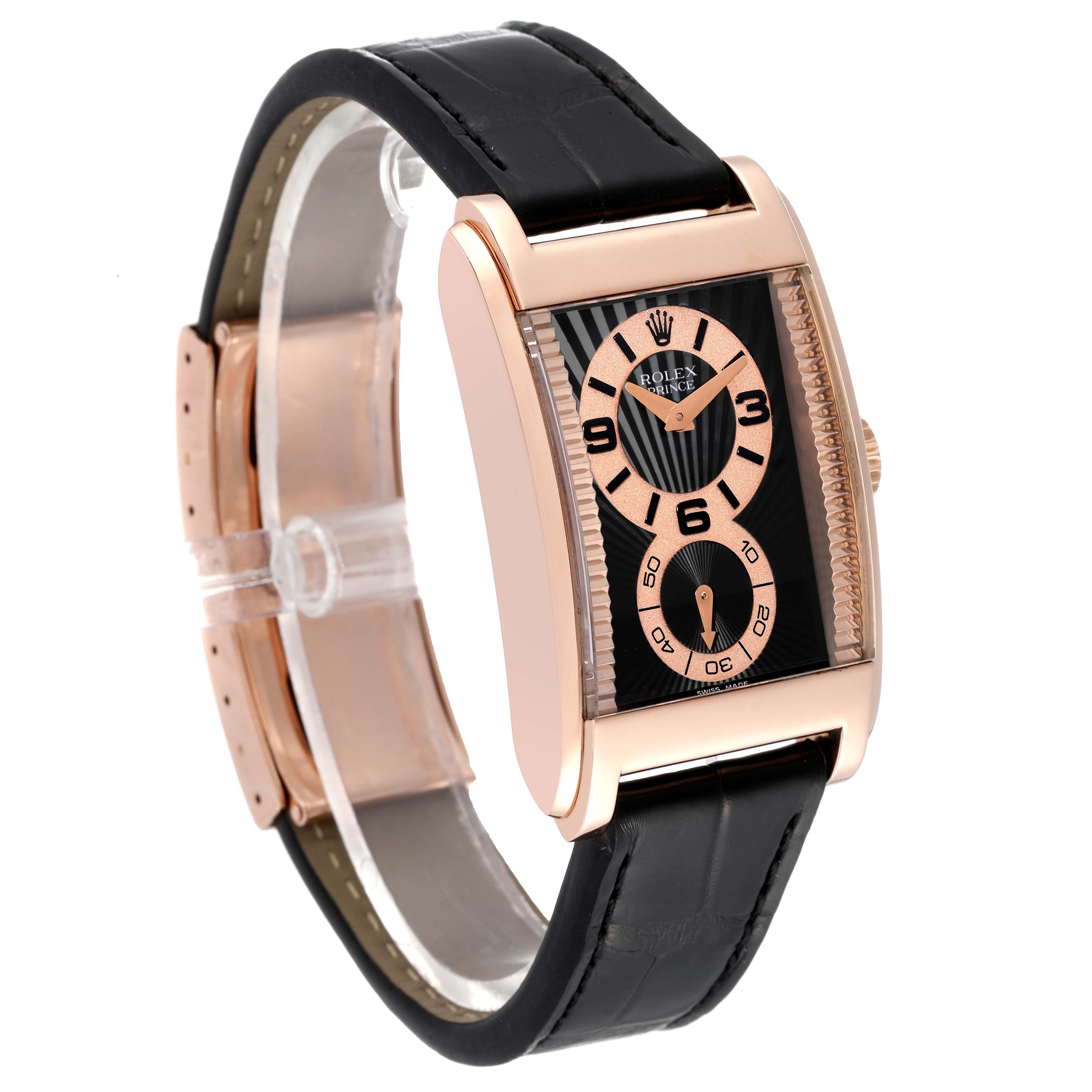 The Rolex Cellini 5442 Men's Rose Gold Black Dial model is shown at a three-quarter angle, highlighting the watch face, case, and leather strap.