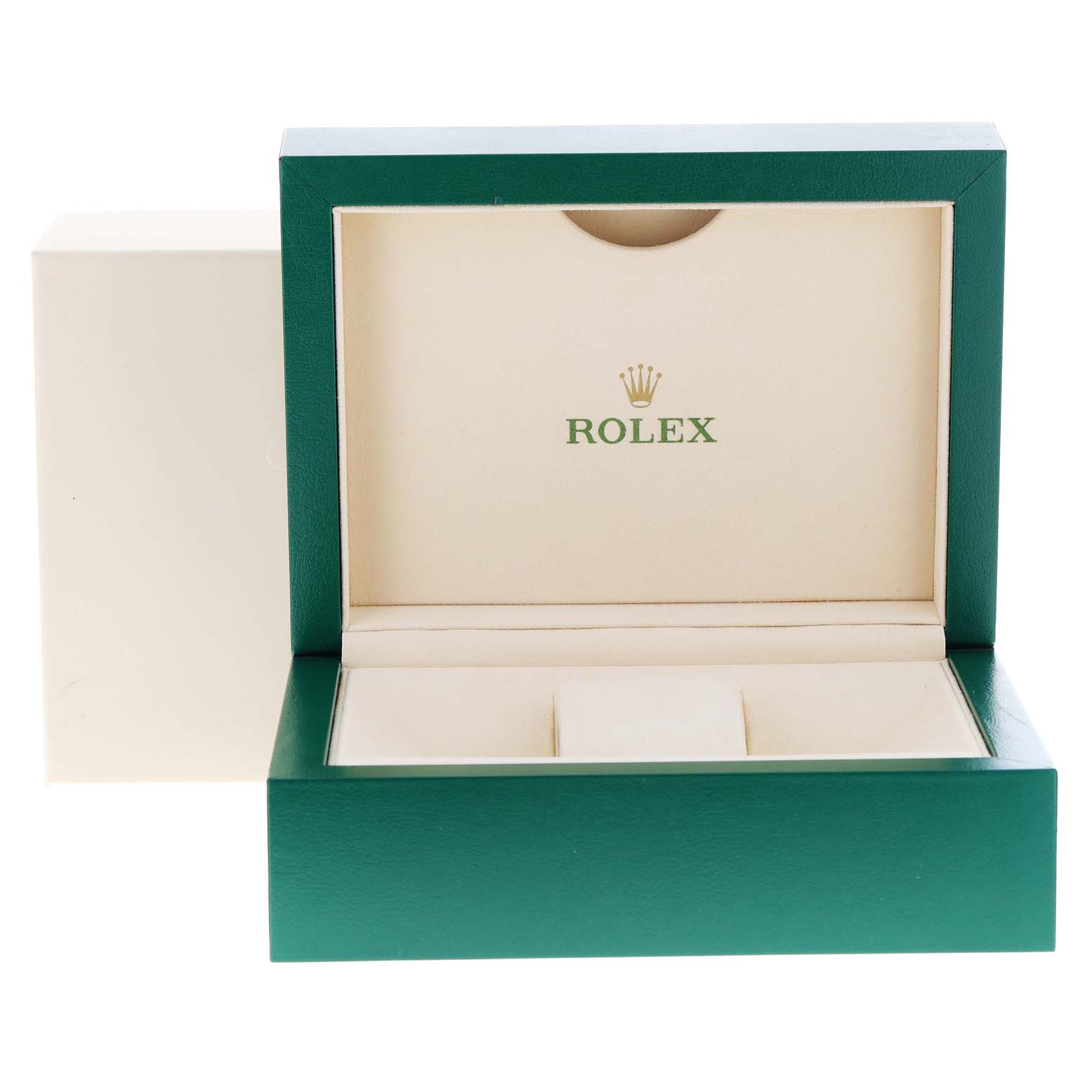 This is a front view of a green and beige Rolex Daytona 116509 Men's White Gold Black Dial 116509 Men's White Gold Black Dial watch box.