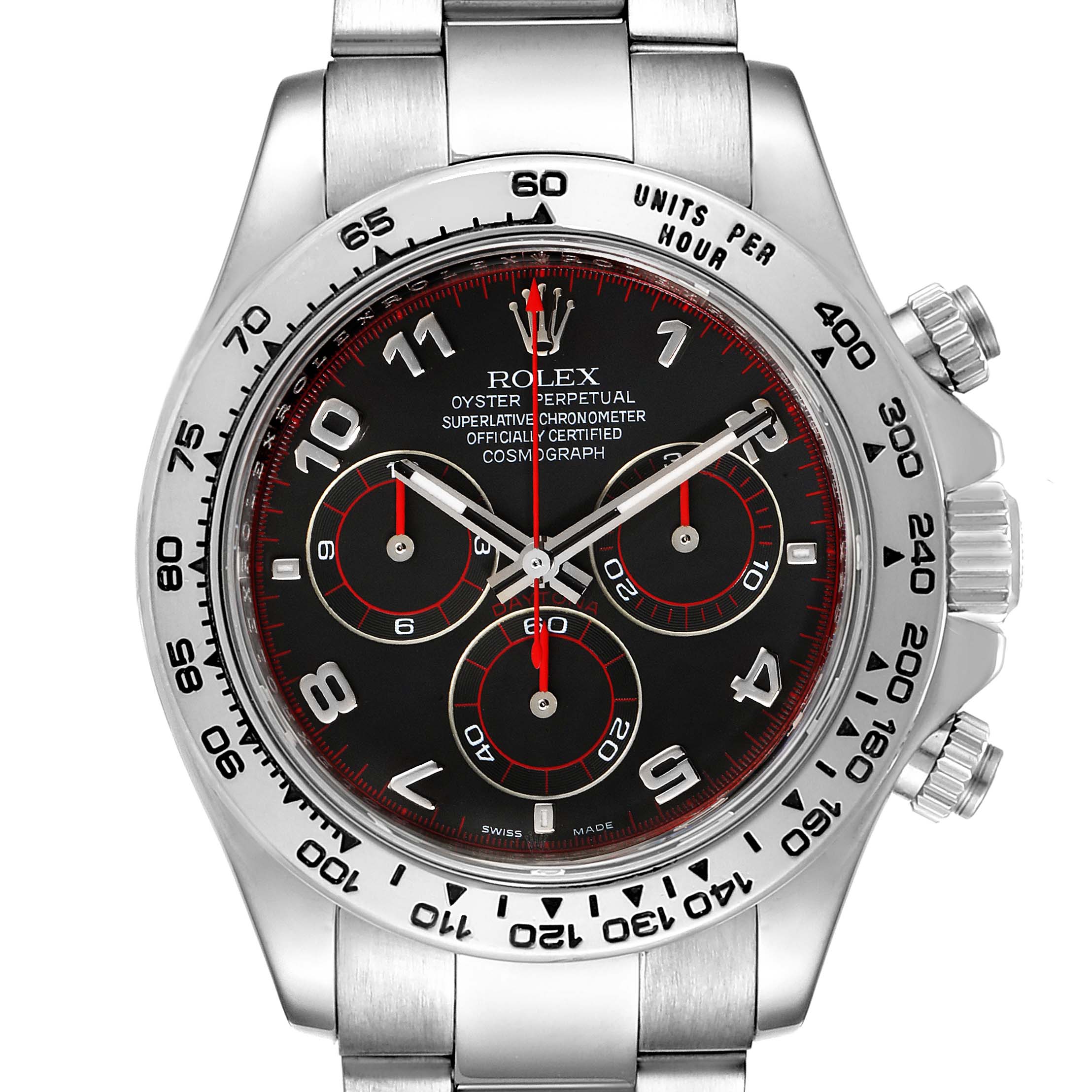 This image shows a front view of the Rolex Daytona 116509 Men's White Gold Black Dial 116509 Men's White Gold Black Dial watch, highlighting its dial, bezel, and part of the bracelet.