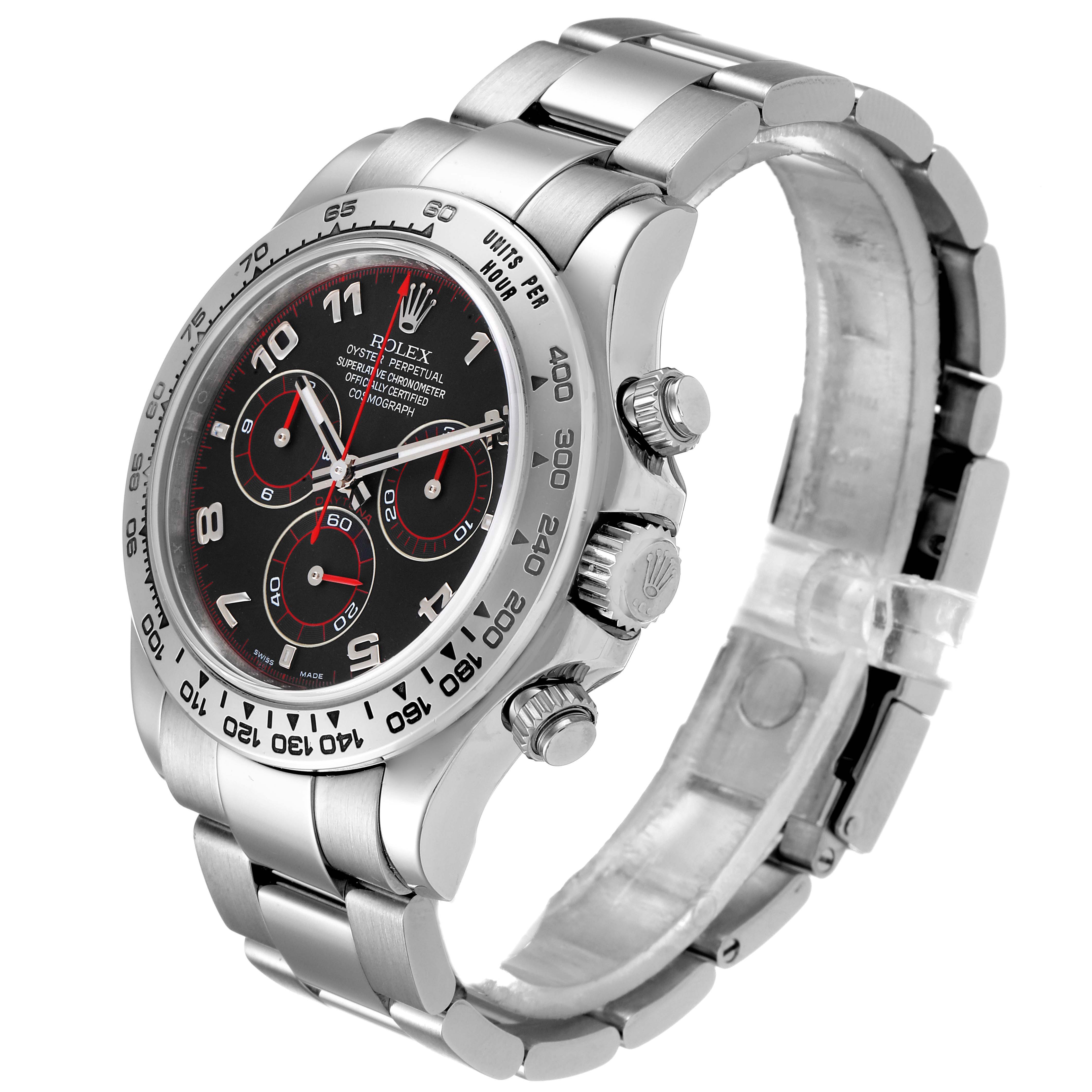 The Rolex Daytona 116509 Men's White Gold Black Dial 116509 Men's White Gold Black Dial watch is shown at an angle highlighting its bezel, chronograph dials, and bracelet.