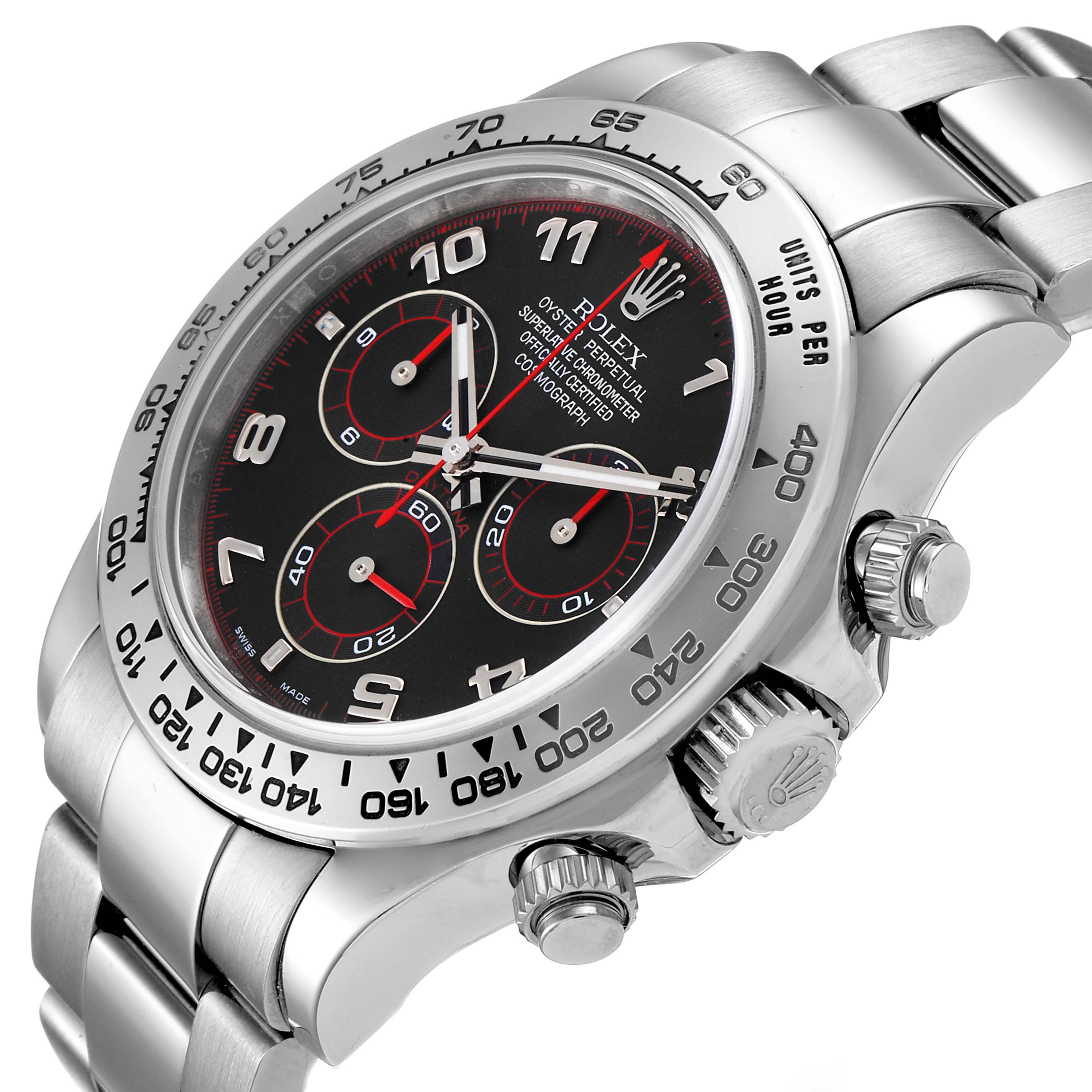 This Rolex Daytona 116509 Men's White Gold Black Dial 116509 Men's White Gold Black Dial watch is shown at a diagonal angle, highlighting its bezel, dial, and chronograph subdials.