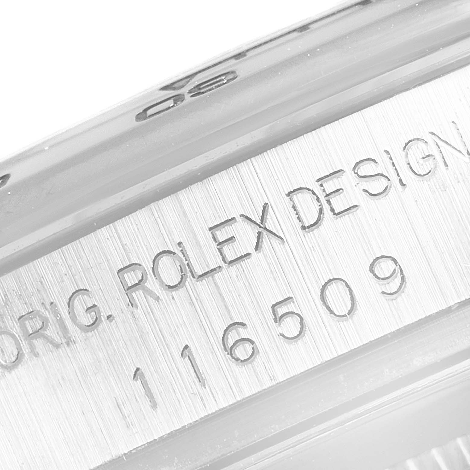 This close-up image shows the engraved model number and "ORIG. ROLEX DESIGN" text on the side of a Rolex Daytona 116509 Men's White Gold Black Dial 116509 Men's White Gold Black Dial watch case.