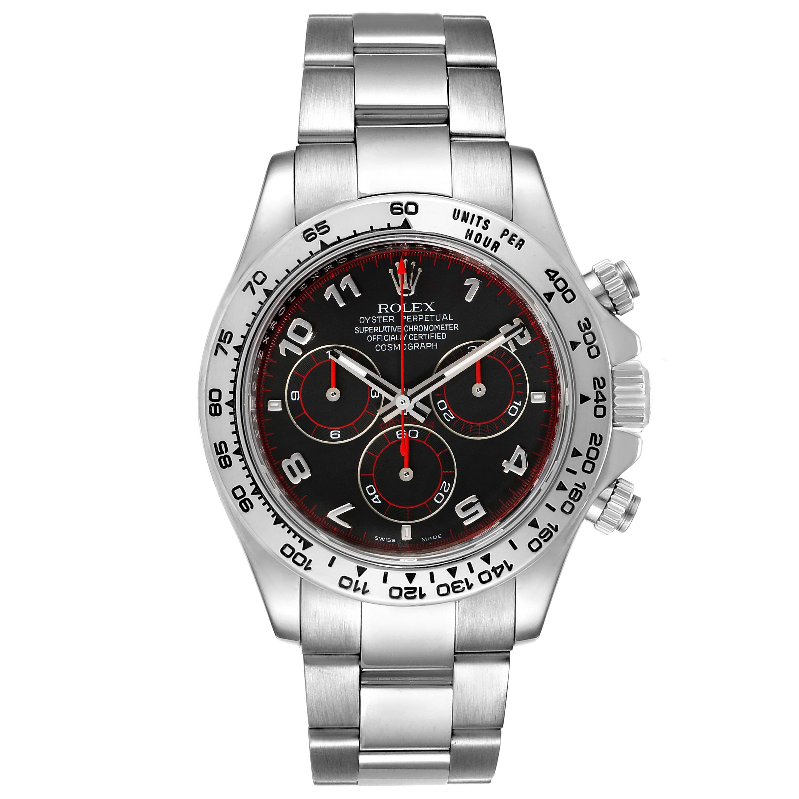 The image shows a front view of a Rolex Daytona 116509 Men's White Gold Black Dial 116509 Men's White Gold Black Dial watch, highlighting the dial, bracelet, and chronograph buttons.