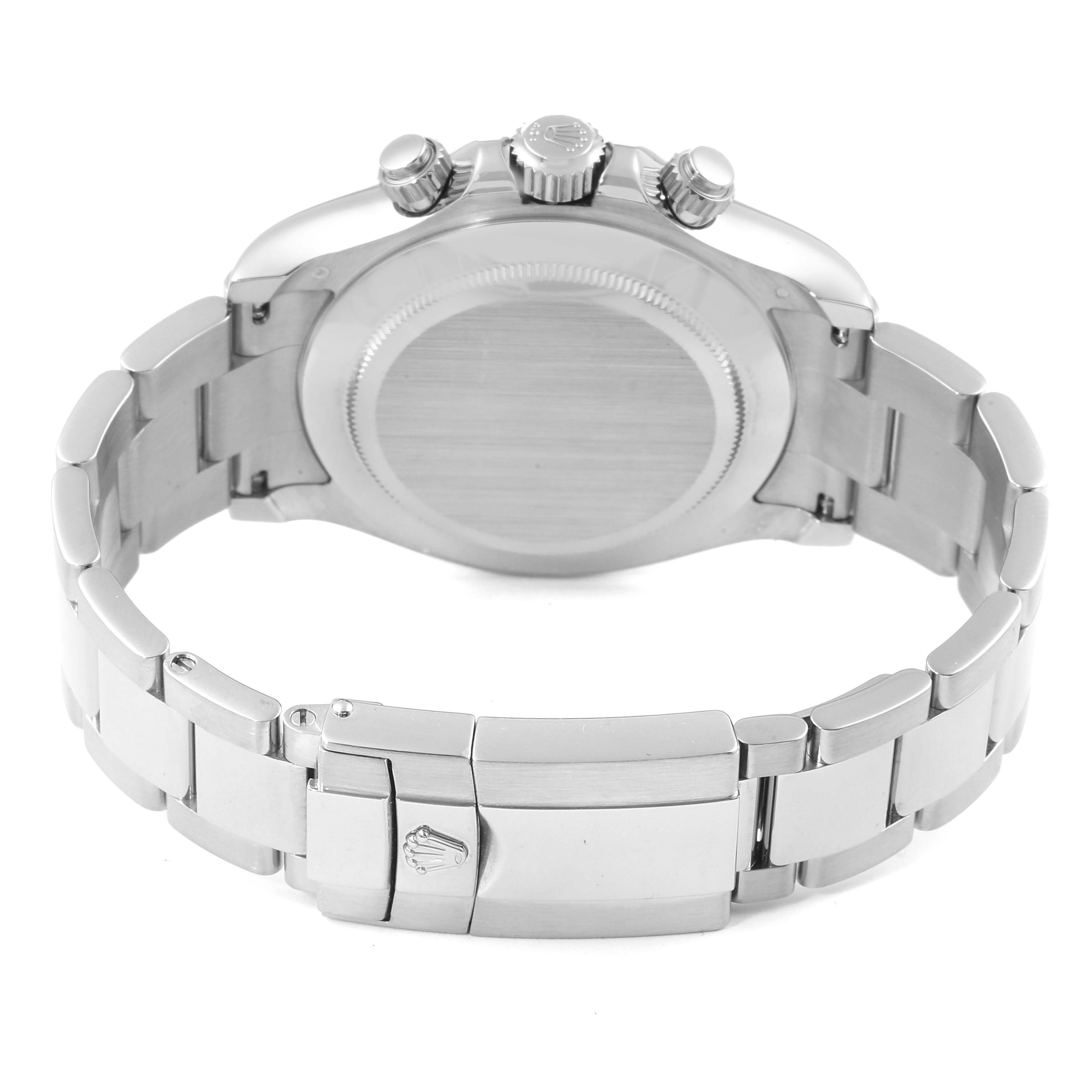 The image shows the back view of a Rolex Daytona 116509 Men's White Gold Black Dial 116509 Men's White Gold Black Dial watch, highlighting its case back, bracelet, and clasp.