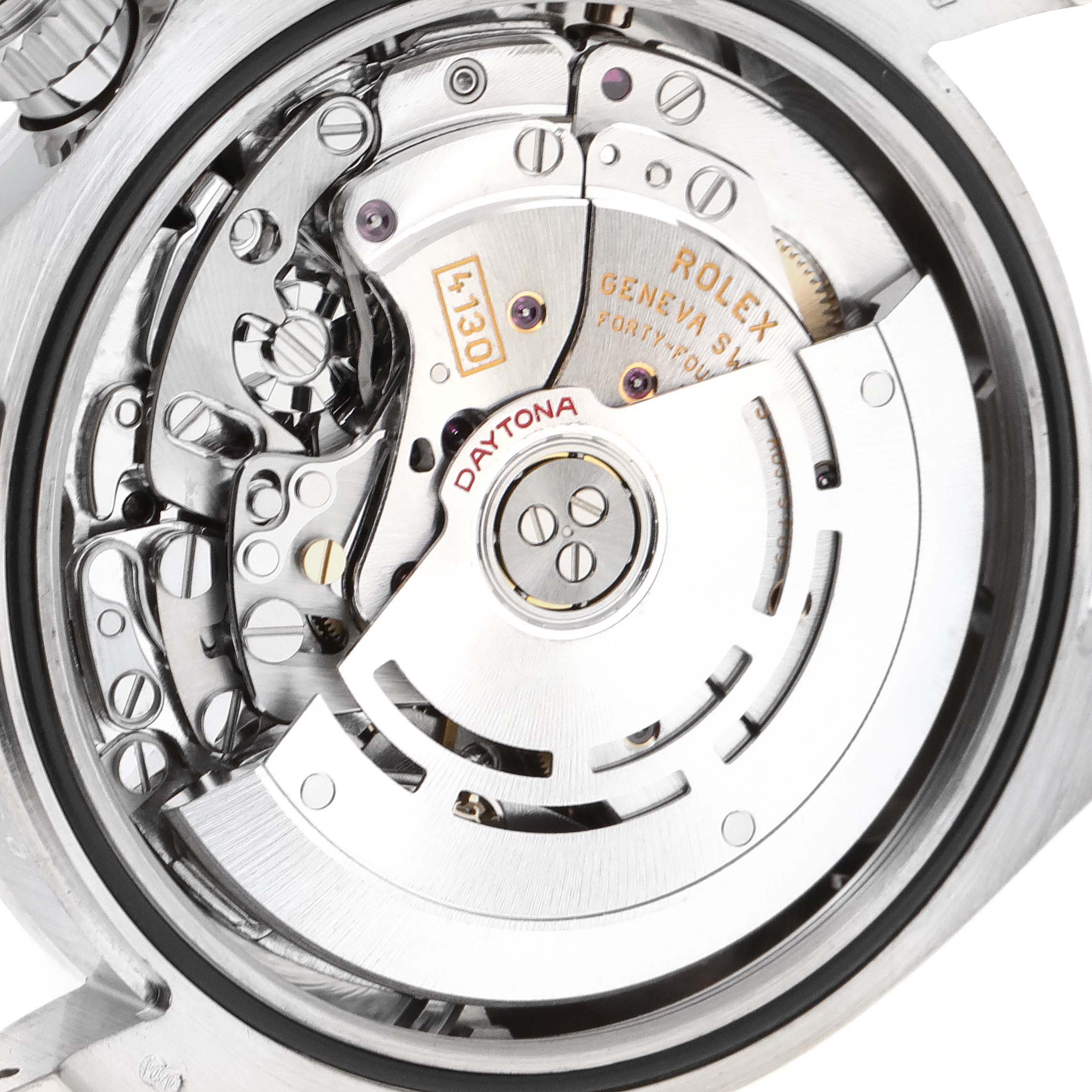 The image shows the detailed inner mechanical movement of a Rolex Daytona 116509 Men's White Gold Black Dial 116509 Men's White Gold Black Dial watch viewed from the back.