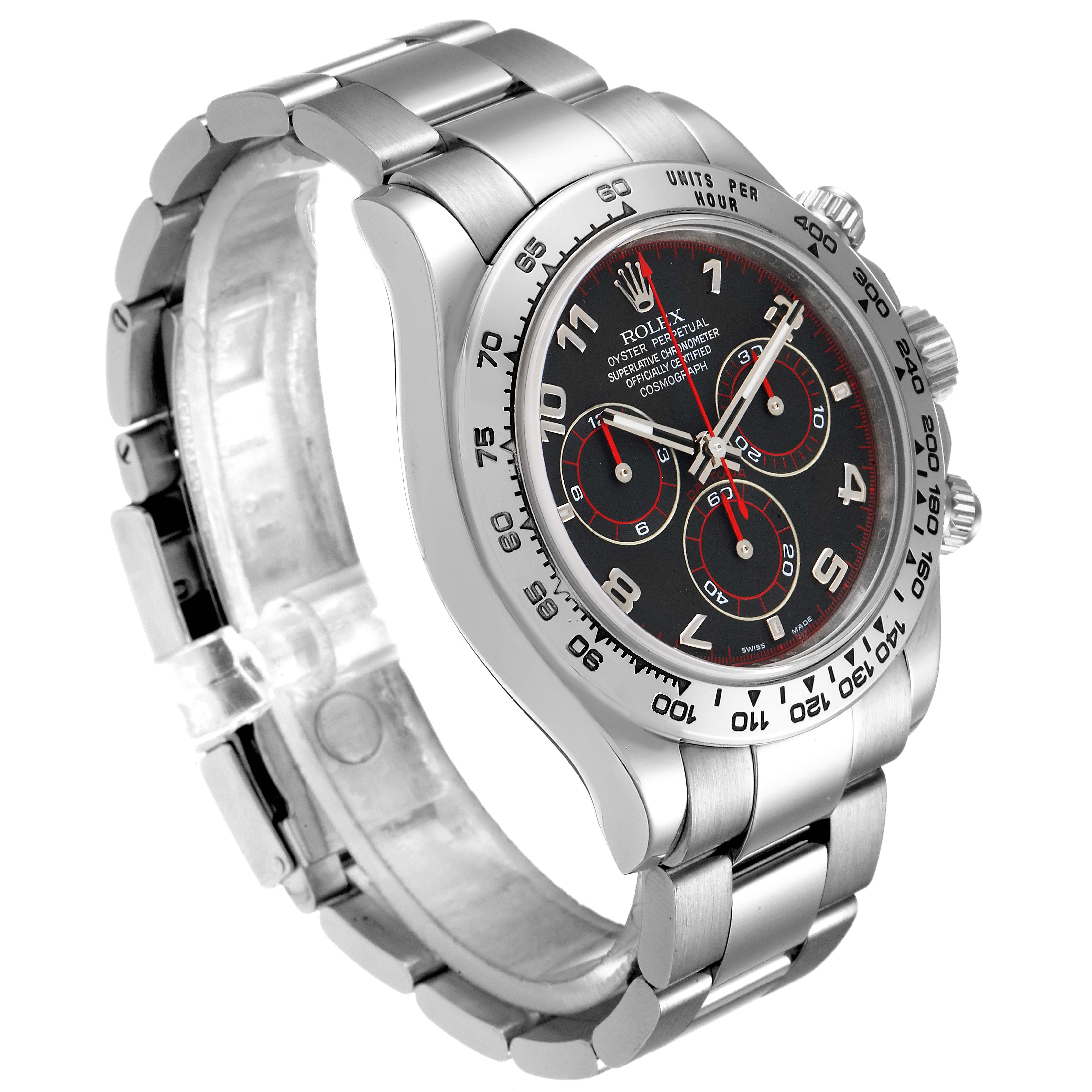 The image shows a Rolex Daytona 116509 Men's White Gold Black Dial 116509 Men's White Gold Black Dial watch at a three-quarter angle displaying the face, bezel, and bracelet.