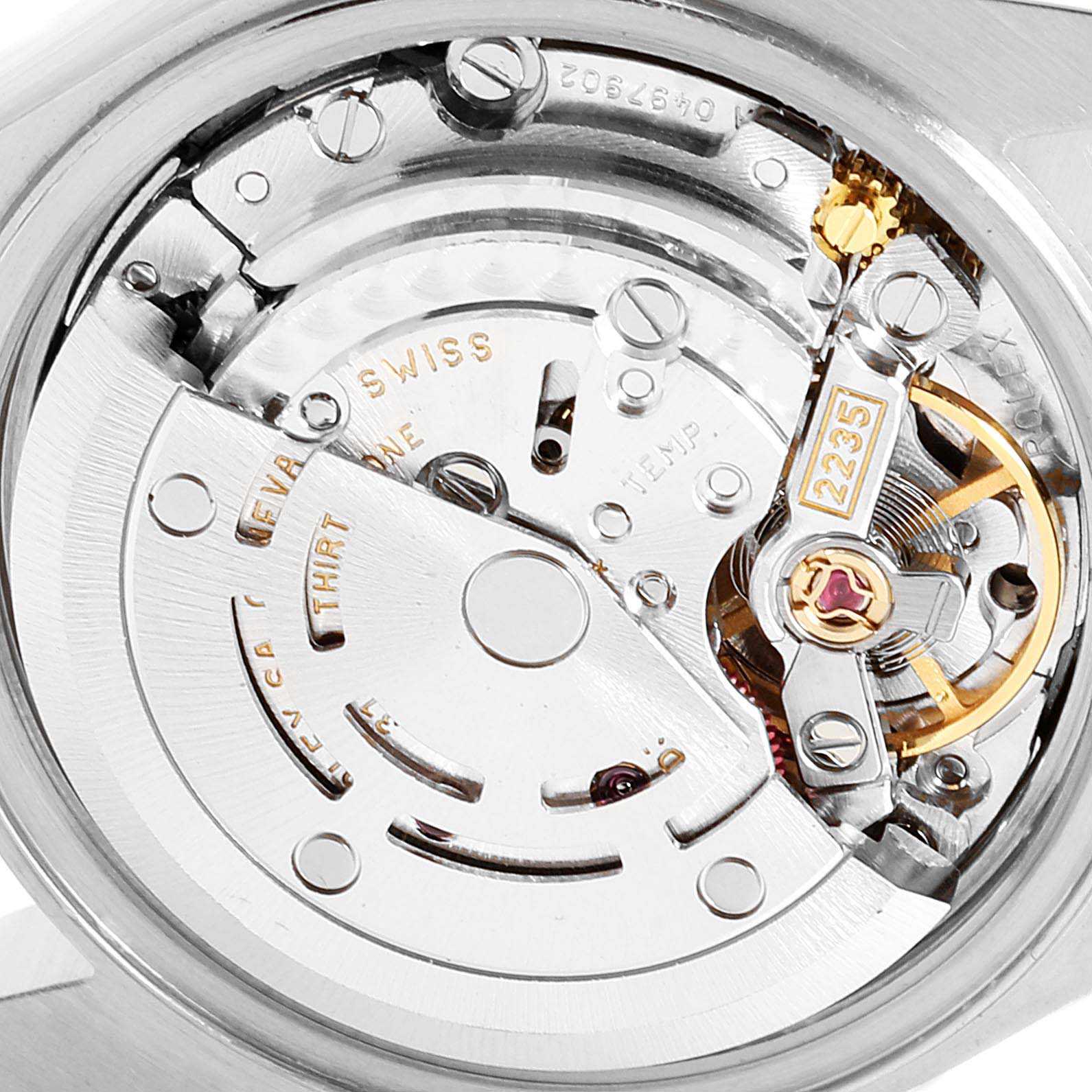 The image shows the internal mechanism of the Rolex Datejust 79174 Women
s Stainless Steel Silver Dial 79174 Women
s Stainless Steel Silver Dial watch, viewed from the back.