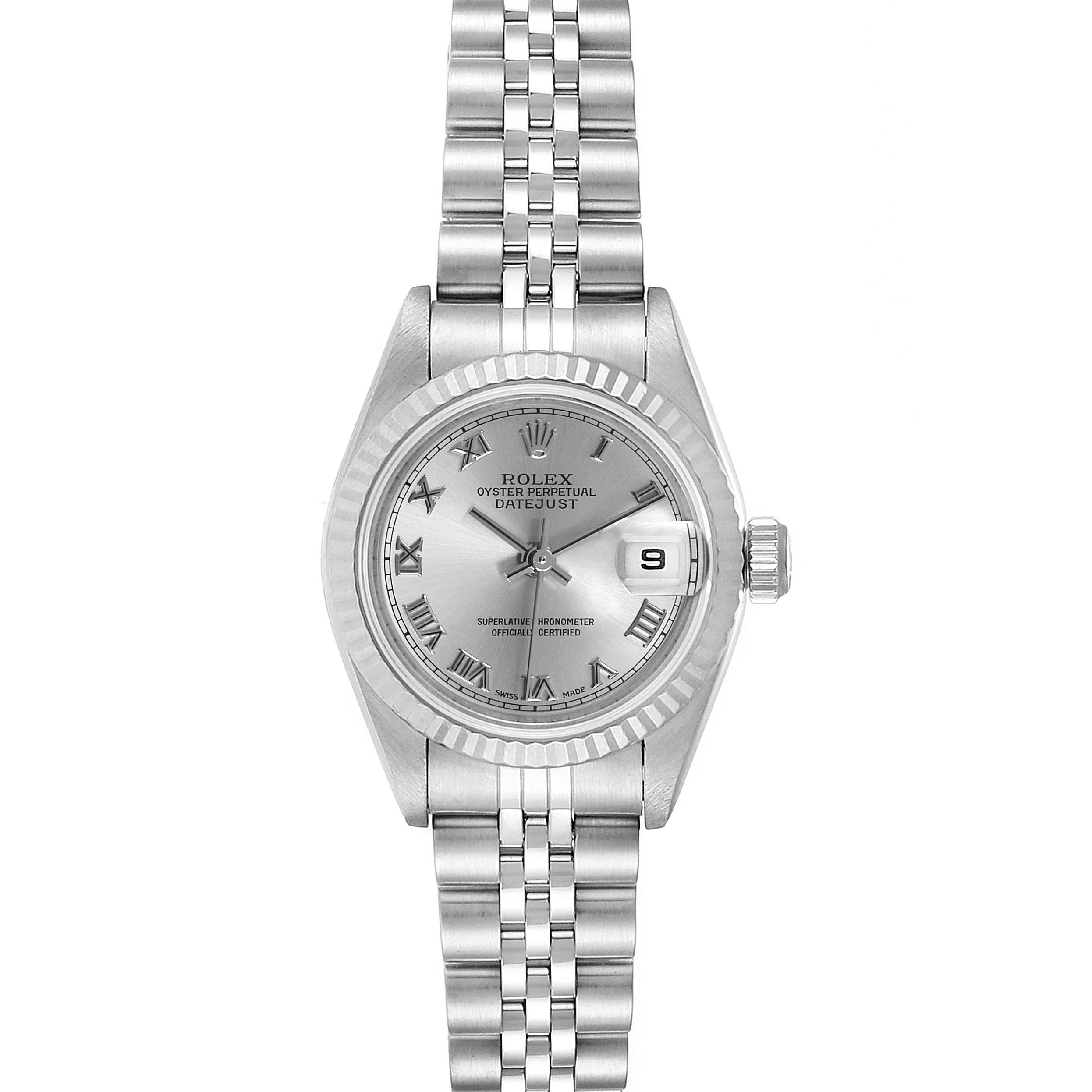 The image shows a front view of a Rolex Datejust 79174 Women
s Stainless Steel Silver Dial 79174 Women
s Stainless Steel Silver Dial watch, displaying its full face, bezel, crown, and part of the bracelet.