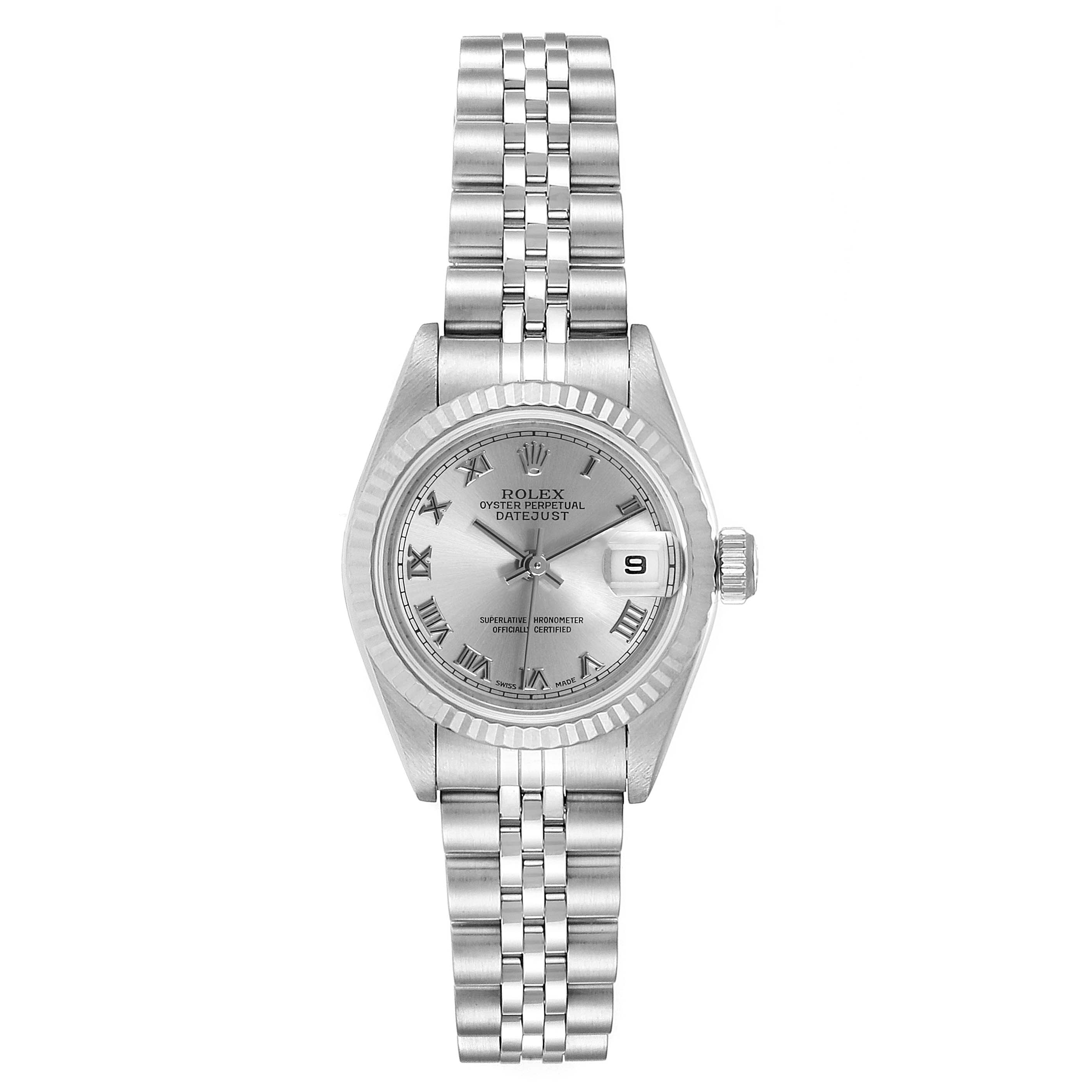 This image shows a Rolex Datejust 79174 Women
s Stainless Steel Silver Dial 79174 Women
s Stainless Steel Silver Dial watch from a top-down angle, displaying the face, bezel, bracelet, and crown.