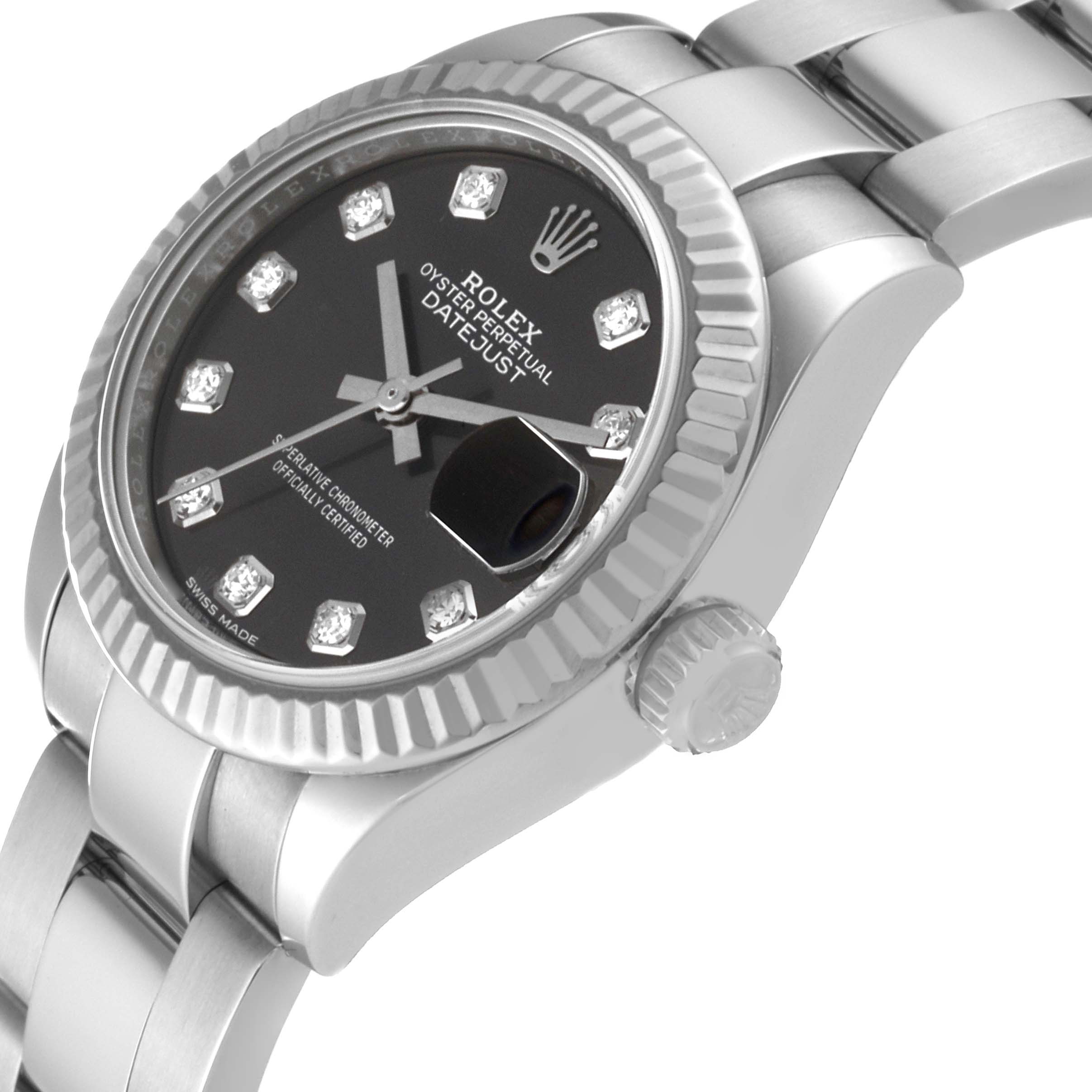 This image shows a side angle of a Rolex Datejust 279174 Women's Stainless Steel Grey Dial 279174 Women's Stainless Steel Grey Dial watch, highlighting its bezel, dial, crown, and bracelet.